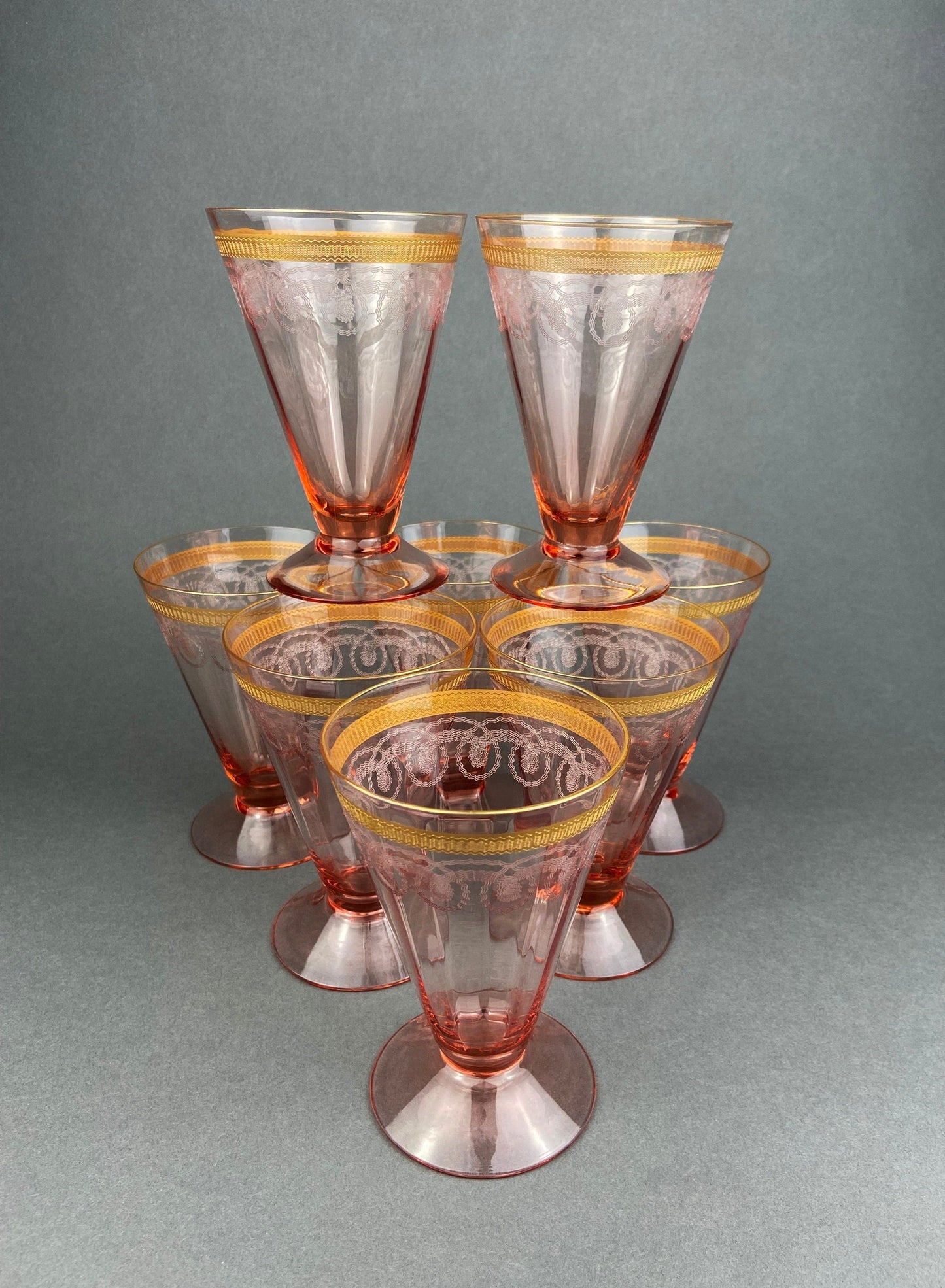 Antique Pink Crystal Water/Juice Goblets. Morgana Pink by Morgantown. Set of Eight, 8oz Footed Tumblers. Replacements.
