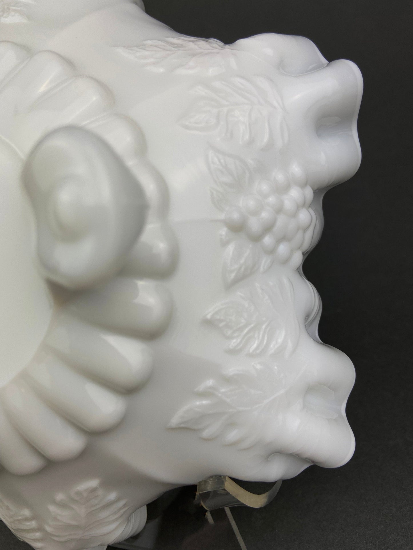 Milk Glass Footed Bowl. Candy Dish with Grape Motif & Ruffled Rim. White Table Centerpiece. Trinket Dish. Bathroom and Bedroom Decor.
