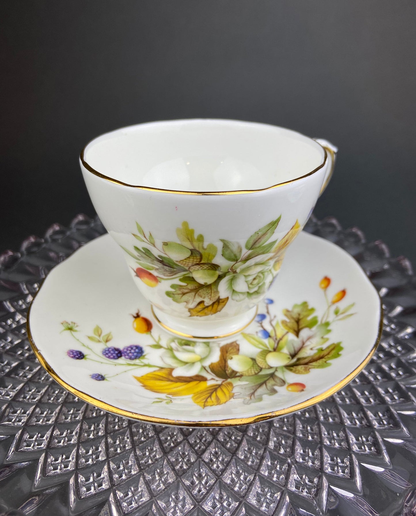 Duchess Tea Cup and Saucer. Autumn Motif Fine Bone China. Made in England.  Collectibles.  Replacements.
