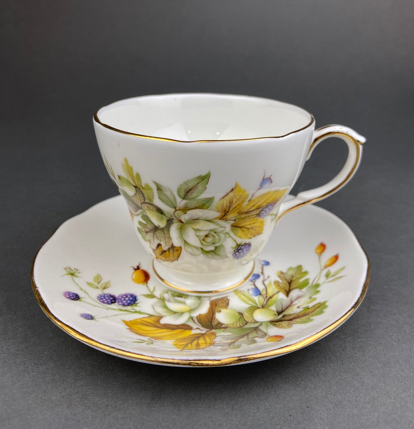 Duchess Tea Cup and Saucer. Autumn Motif Fine Bone China. Made in England.  Collectibles.  Replacements.