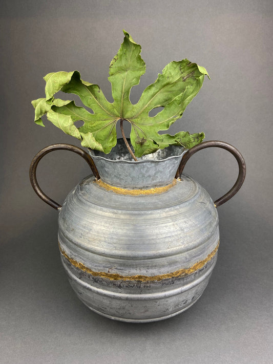 Extra Large Metal Vase with Bronze Handles and Gold Seam. Rustic Container for Flowers, Dry Arrangements or Display. Rustic Home Decor.