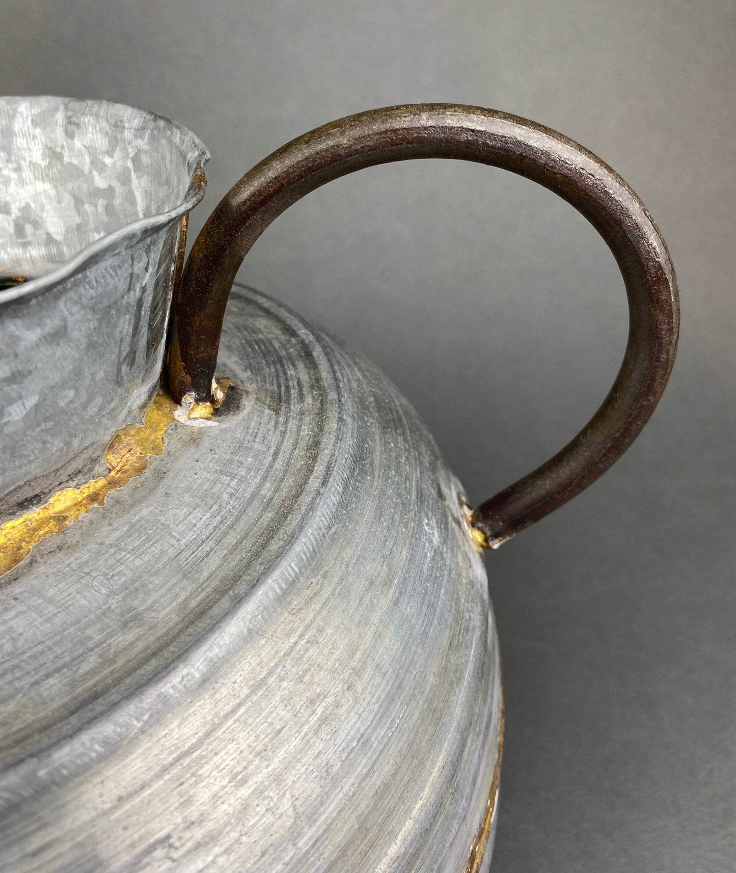 Extra Large Metal Vase with Bronze Handles and Gold Seam. Rustic Container for Flowers, Dry Arrangements or Display. Rustic Home Decor.