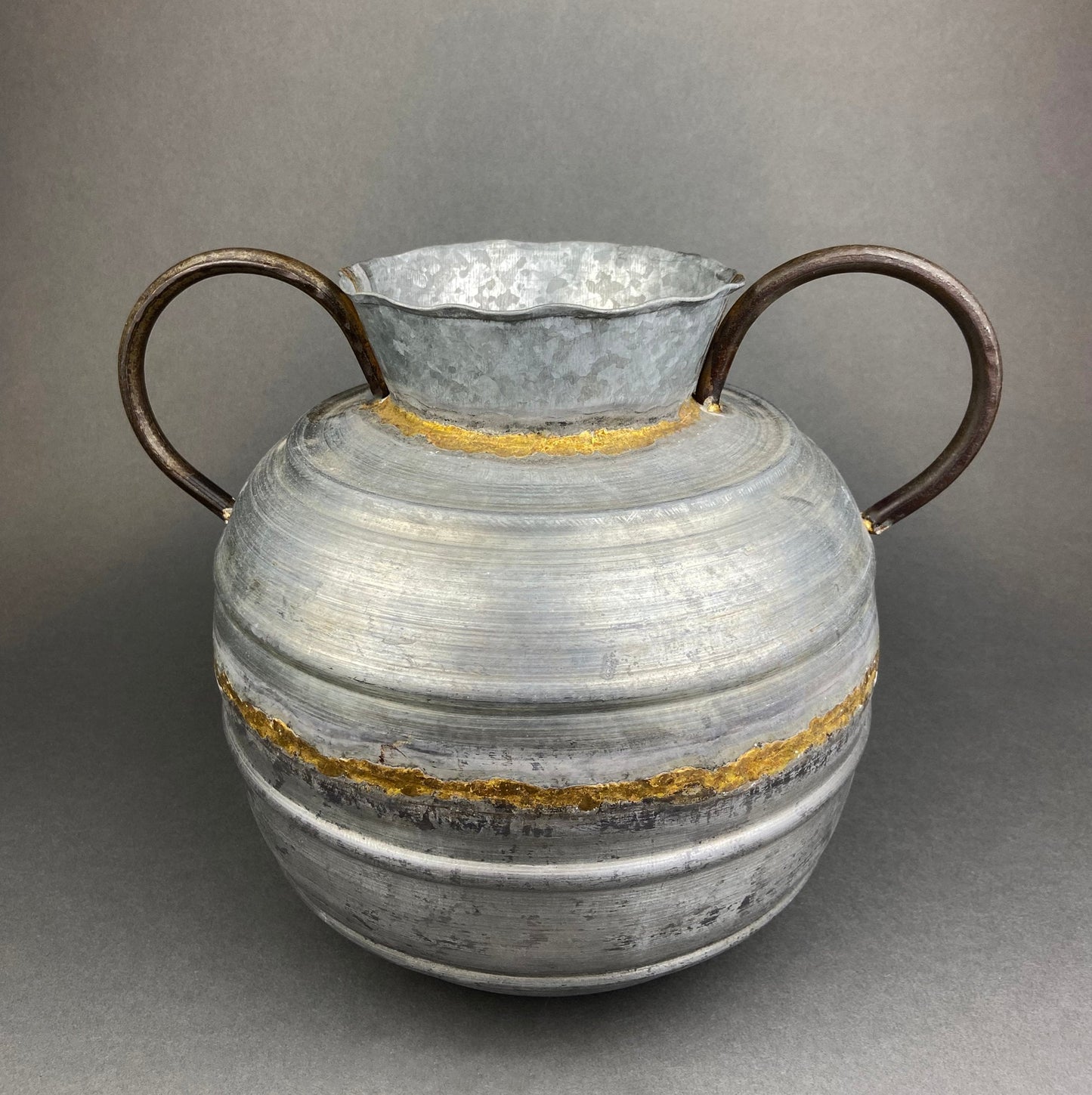 Extra Large Metal Vase with Bronze Handles and Gold Seam. Rustic Container for Flowers, Dry Arrangements or Display. Rustic Home Decor.