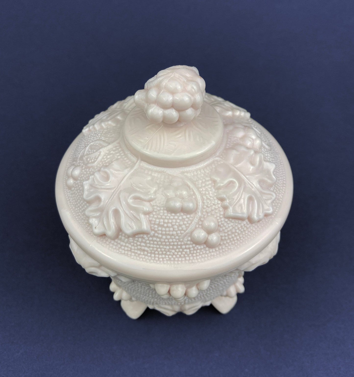 Pink Milk Glass Jar with Lid. Grape Vine Motif.  Footed Trinket Dish with Lid.  Collectible Pink Candy Dish.  Gift for Mom.  Gift for Her.