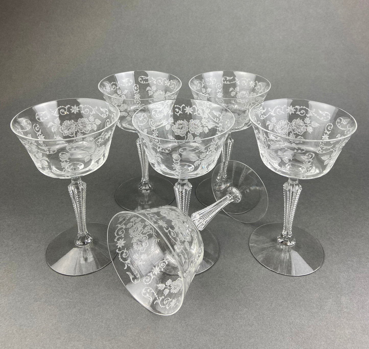 Tiffin Franciscan Juice Stemware with Etched Beautiful Cherokee Rose Pattern. Set of Five Juice or Water Glasses.