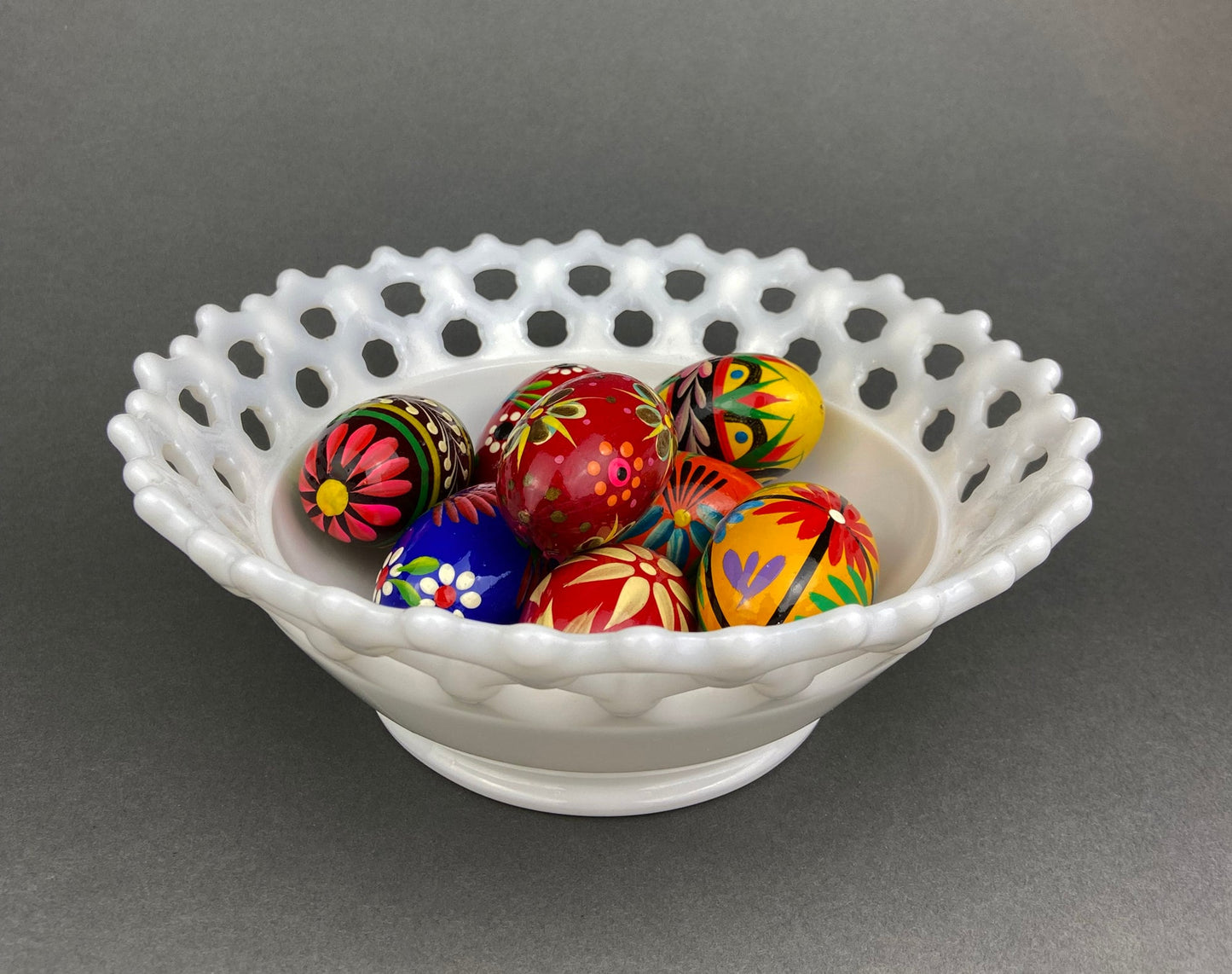 Milk Glass Footed Bowl. Candy Dish with Grape Motif & Ruffled Rim. White Table Centerpiece. Trinket Dish. Bathroom and Bedroom Decor.