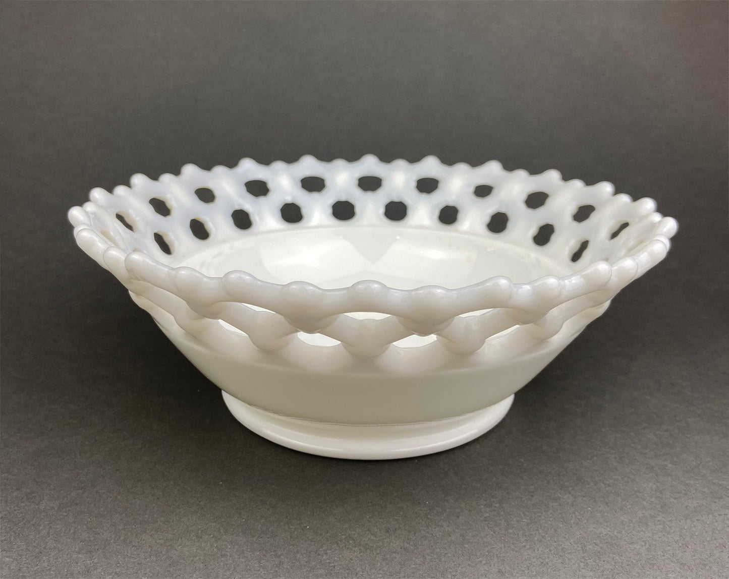 Vintage Milk Glass Bowl.  Serving Dish with Reticulated Rim.  Open Lace White Table Centerpiece. Collectibles. Replacements.
