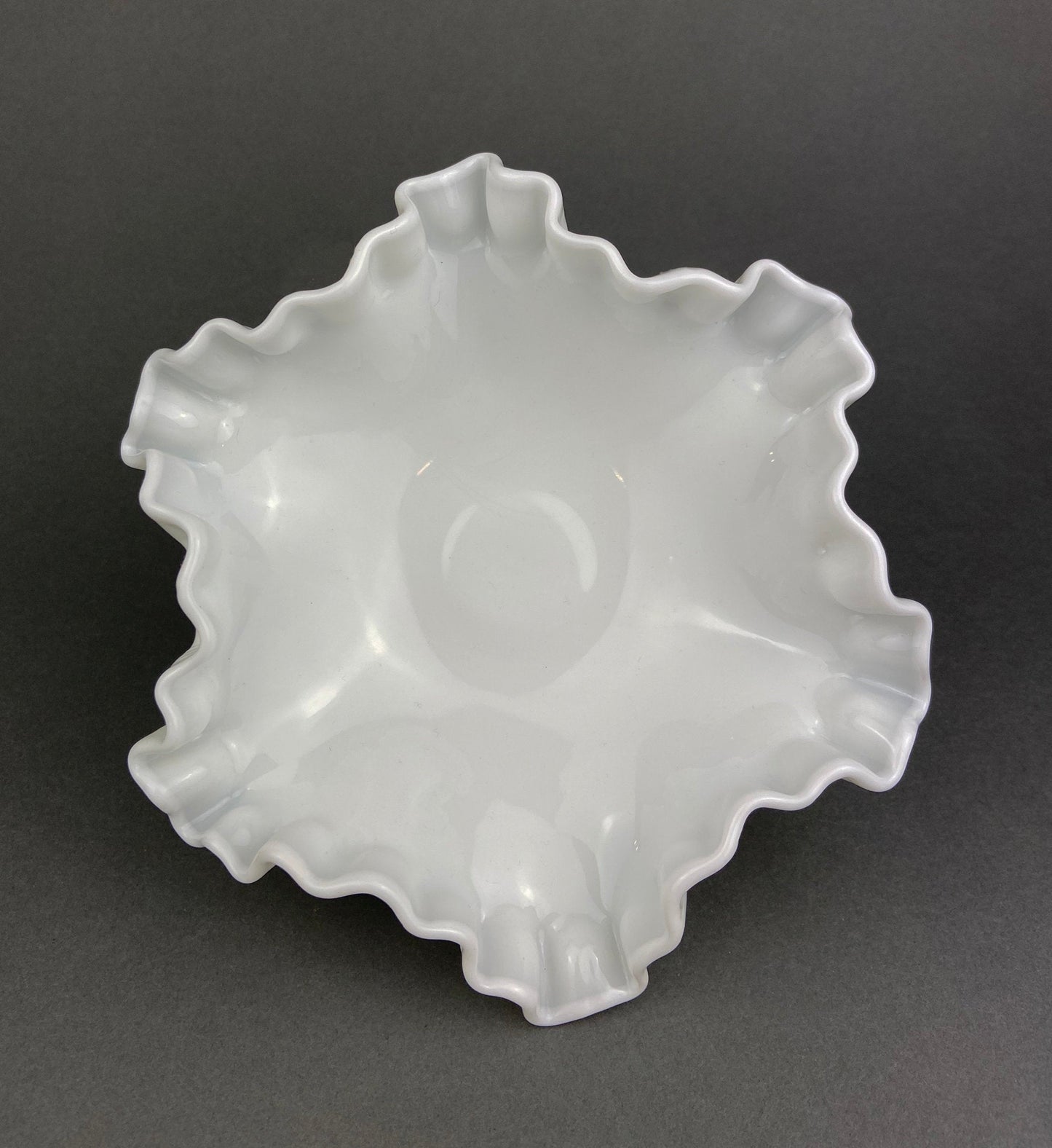 Milk Glass Footed Bowl. Candy Dish with Grape Motif & Ruffled Rim. White Table Centerpiece. Trinket Dish. Bathroom and Bedroom Decor.