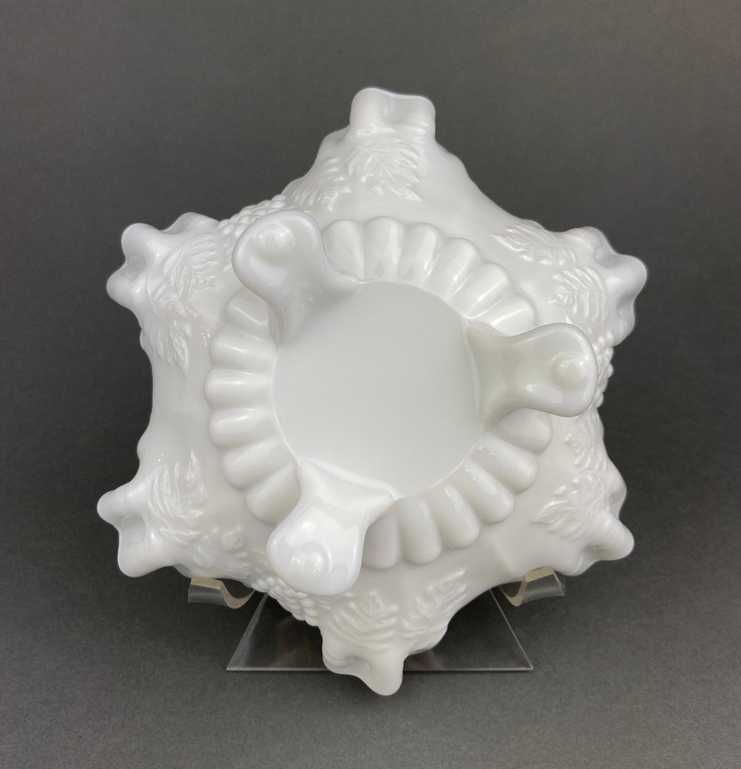 Milk Glass Footed Bowl. Candy Dish with Grape Motif & Ruffled Rim. White Table Centerpiece. Trinket Dish. Bathroom and Bedroom Decor.
