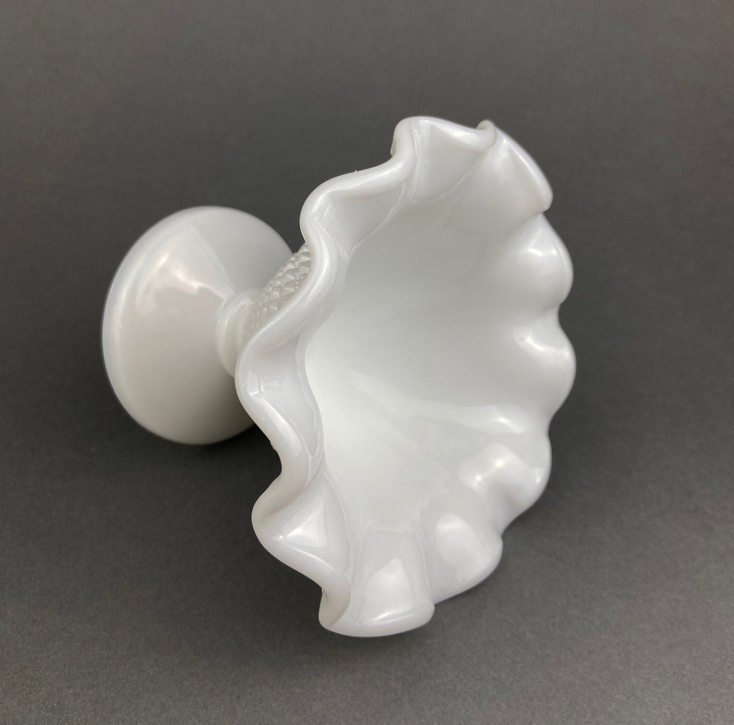 Fenton Milk Glass Candy Dish with Ruffled Edge.  Vintage, Hobnail Trinket Dish.  White Footed Bowl.