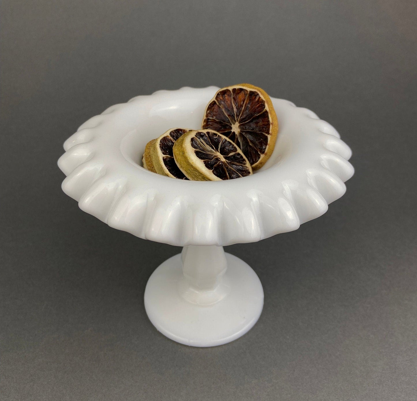 Fenton Milk Glass Candy Dish with Ruffled Edge.  Vintage, Hobnail Trinket Dish.  White Footed Bowl.