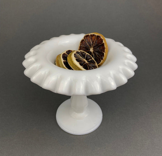 Fenton Milk Glass Candy Dish with Ruffled Edge.  Vintage, Hobnail Trinket Dish.  White Footed Bowl.