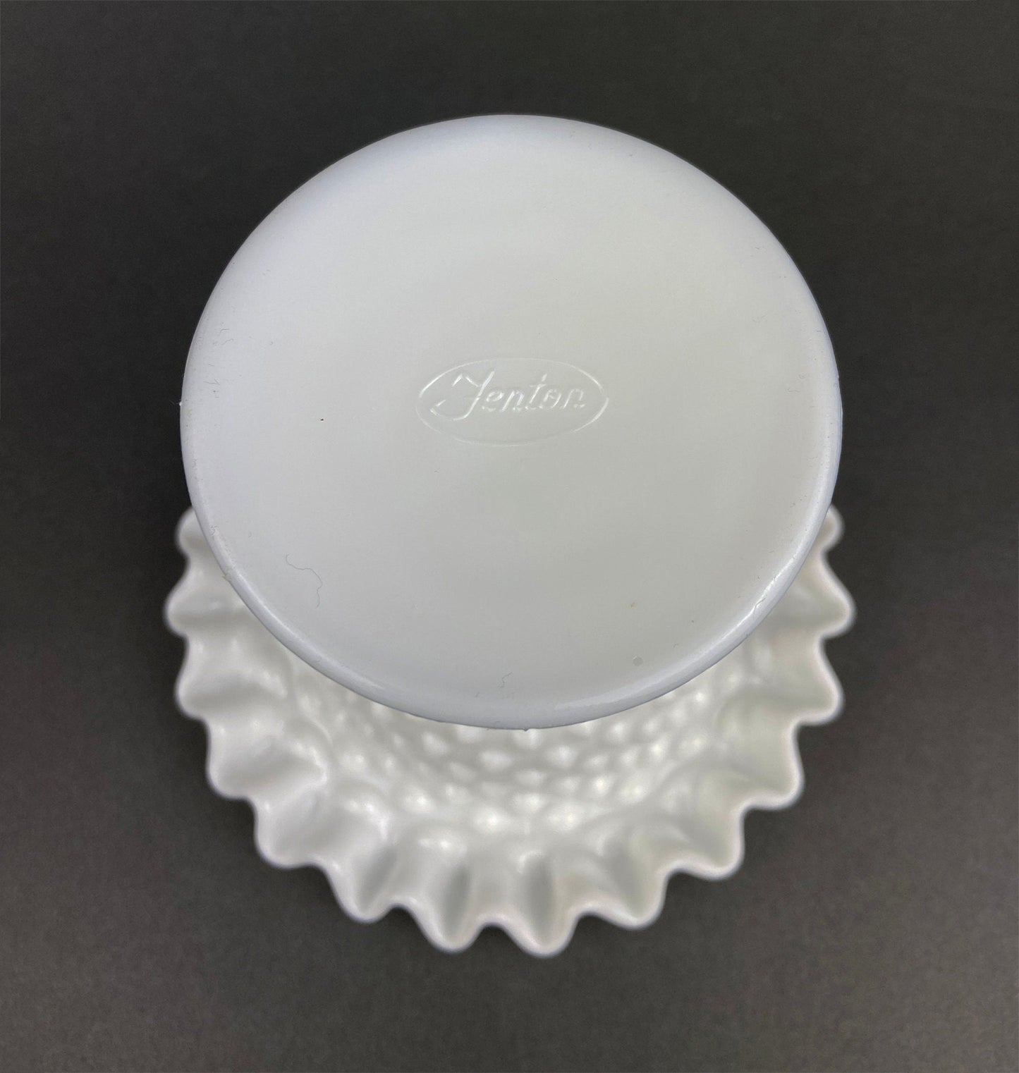 Fenton Milk Glass Candy Dish with Ruffled Edge.  Vintage, Hobnail Trinket Dish.  White Footed Bowl.