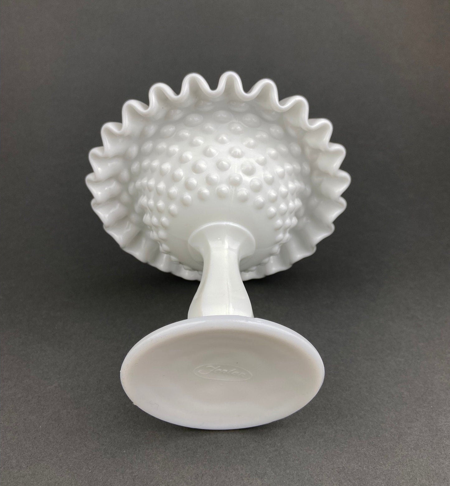 Fenton Milk Glass Candy Dish with Ruffled Edge.  Vintage, Hobnail Trinket Dish.  White Footed Bowl.