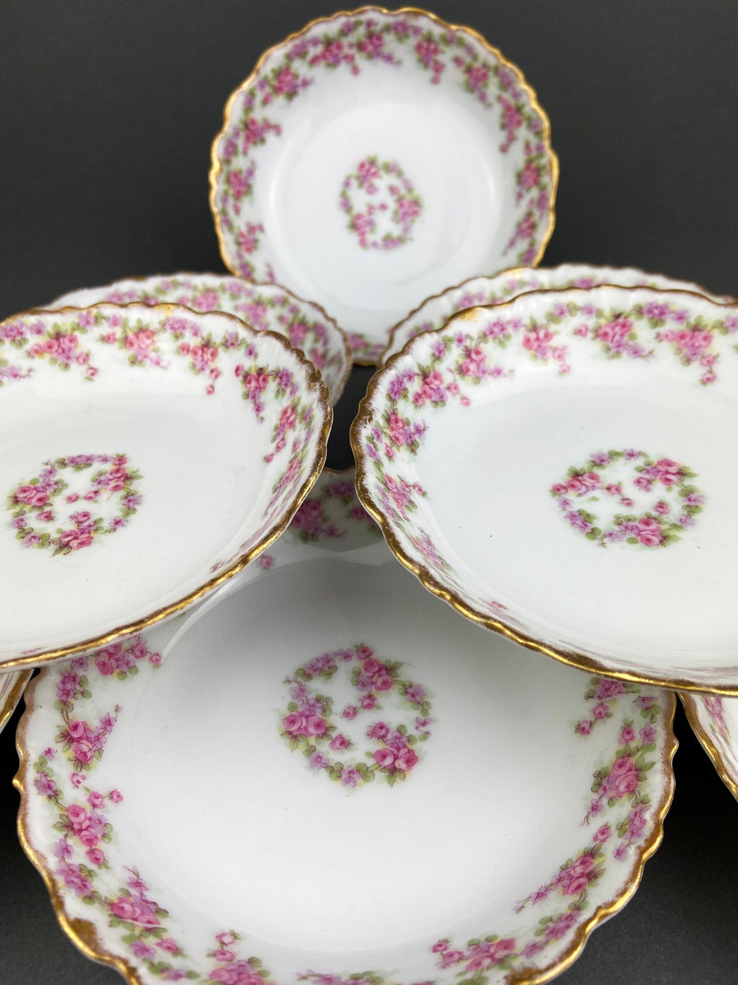Berry Bowls by Limoges Elite. Set of Eight Berry Bowls. 5 inch Serving Bowls with Pink Roses & Scalloped Rim.