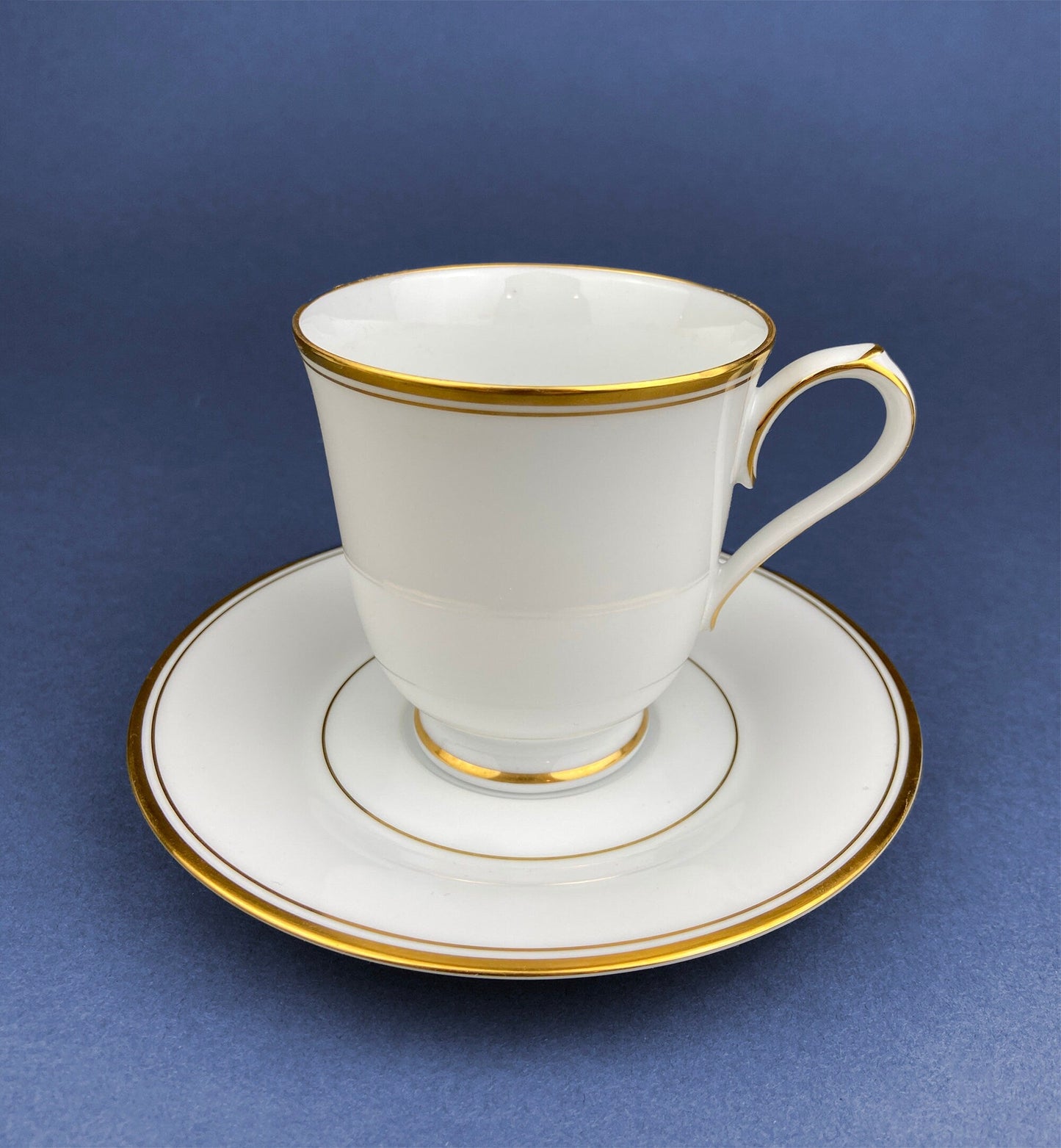 Contemporary Noritake White Cup and Saucer with Gold Rim. Classic Wedding Band China. Queen's Gold. Dining Room Decor. Minimal Design.