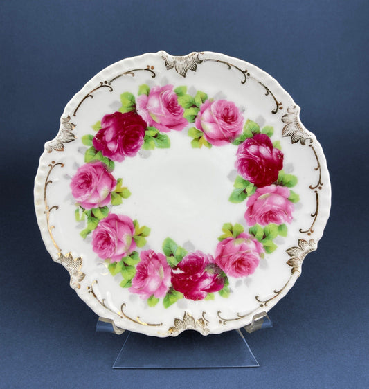 Antique Bavaria Dessert Plate: Hand-Painted Roses, Gold Rim (7.75")
