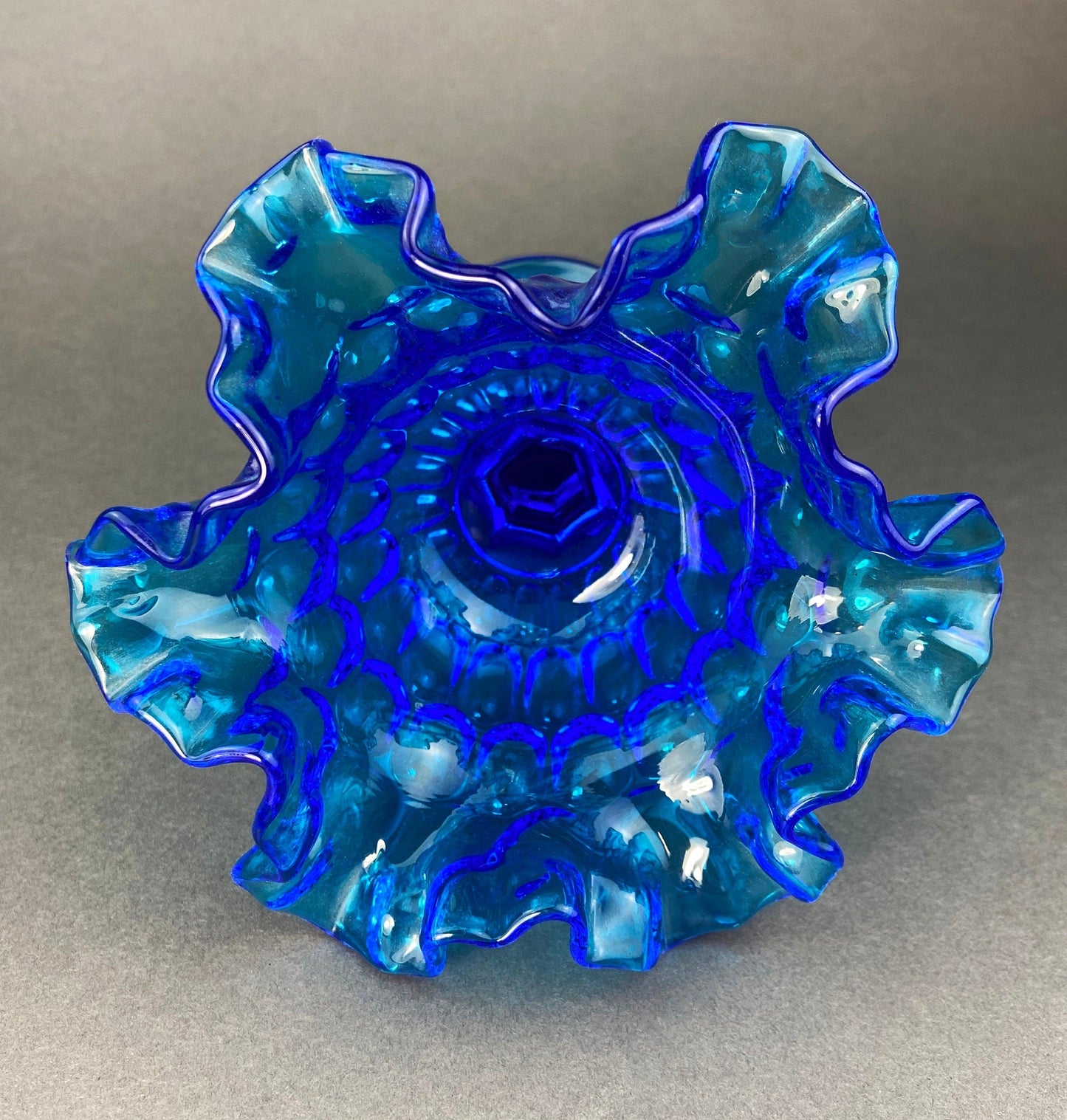 Vintage Blue Glass Footed Serving Bowl. 1960's Kings Crown Thumb Print Glass Jar with Ruffled Edge. Collectible Blue Glass Dish.