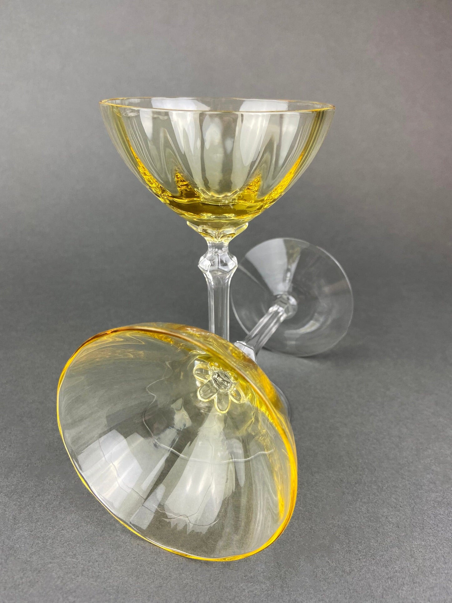 Vintage Fostoria Crystal Topaz Tall Claret.  Light Yellow Stemware. Set of Two Gold Footed Glassware. Fine Dining.