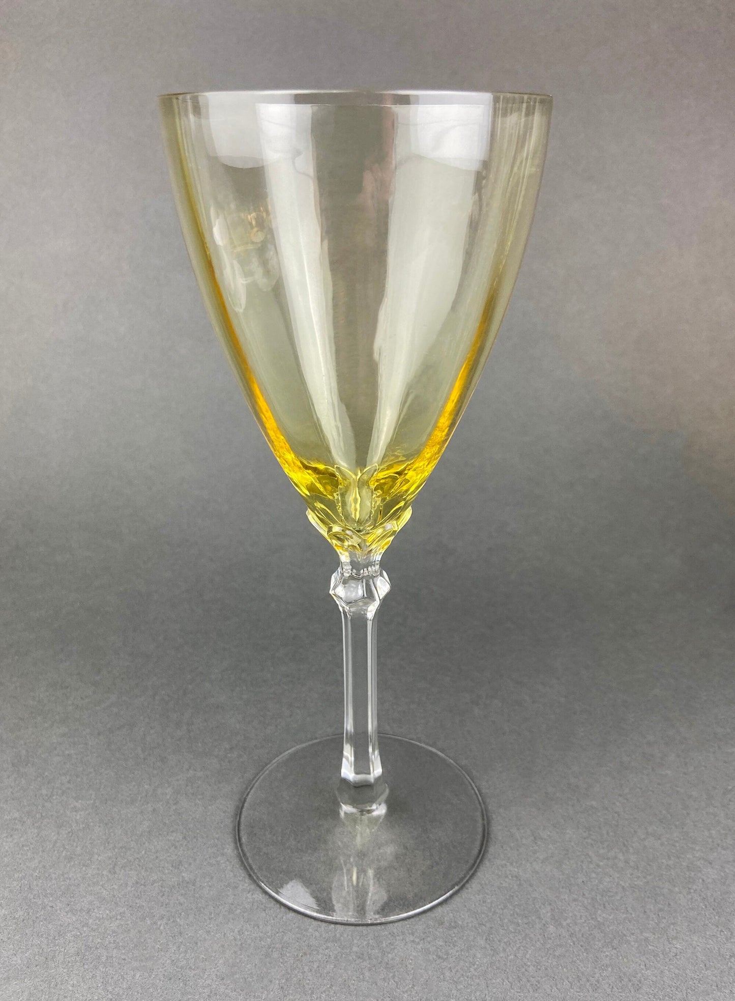 Vintage Fostoria Crystal Topaz Tall Claret.  Light Yellow Stemware. Set of Two Gold Footed Glassware. Fine Dining.