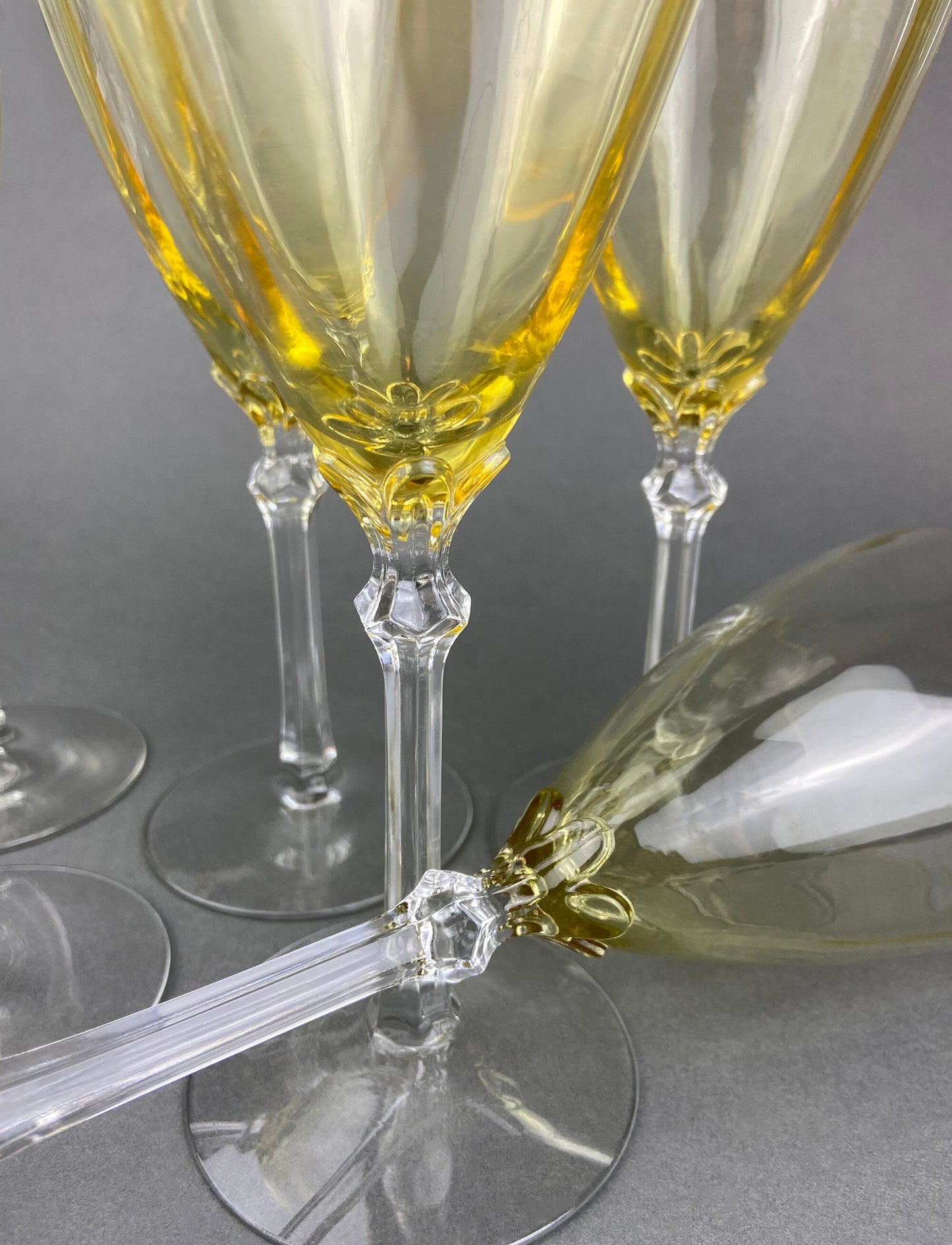Vintage Fostoria Crystal Topaz Tall Claret.  Light Yellow Stemware. Set of Two Gold Footed Glassware. Fine Dining.