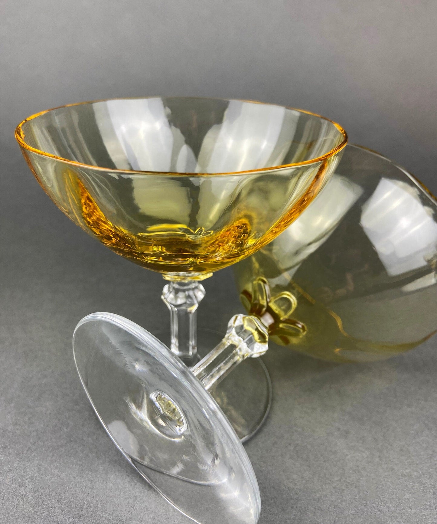 Vintage Fostoria Crystal Topaz Tall Claret.  Light Yellow Stemware. Set of Two Gold Footed Glassware. Fine Dining.