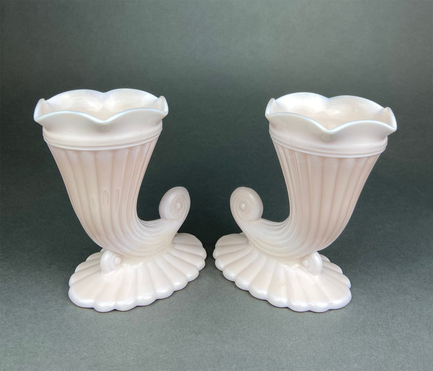 Pink Milk Glass Horn Vases. Pair of Cornucopia Shaped Vases in Rare Shell Pink. Table Centerpieces. Collectible Floral Vases.