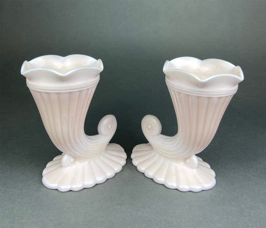 Pink Milk Glass Horn Vases. Pair of Cornucopia Shaped Vases in Rare Shell Pink. Table Centerpieces. Collectible Floral Vases.