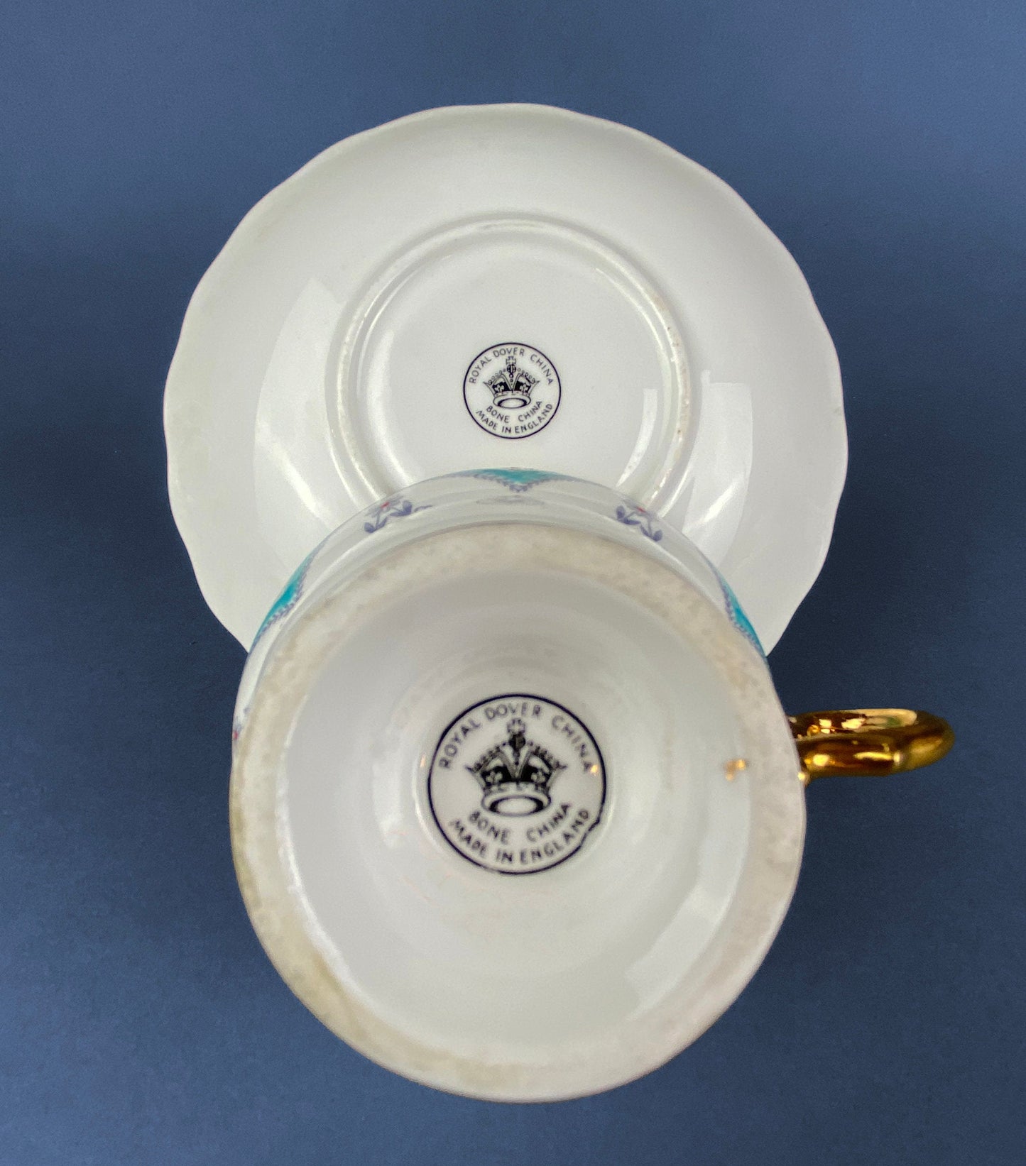Vintage Tea Cup with Saucer.  Royal Dover Fine Bone China. Floral Wreath Motif. Made in England.