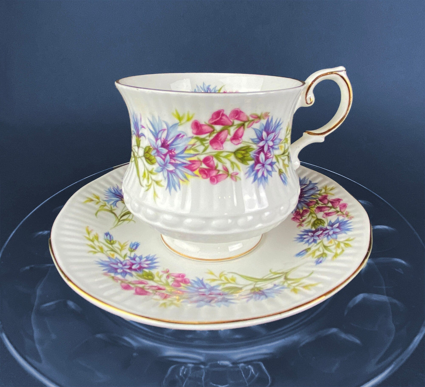 Vintage Tea Cup with Saucer.  Royal Dover Fine Bone China. Floral Wreath Motif. Made in England.