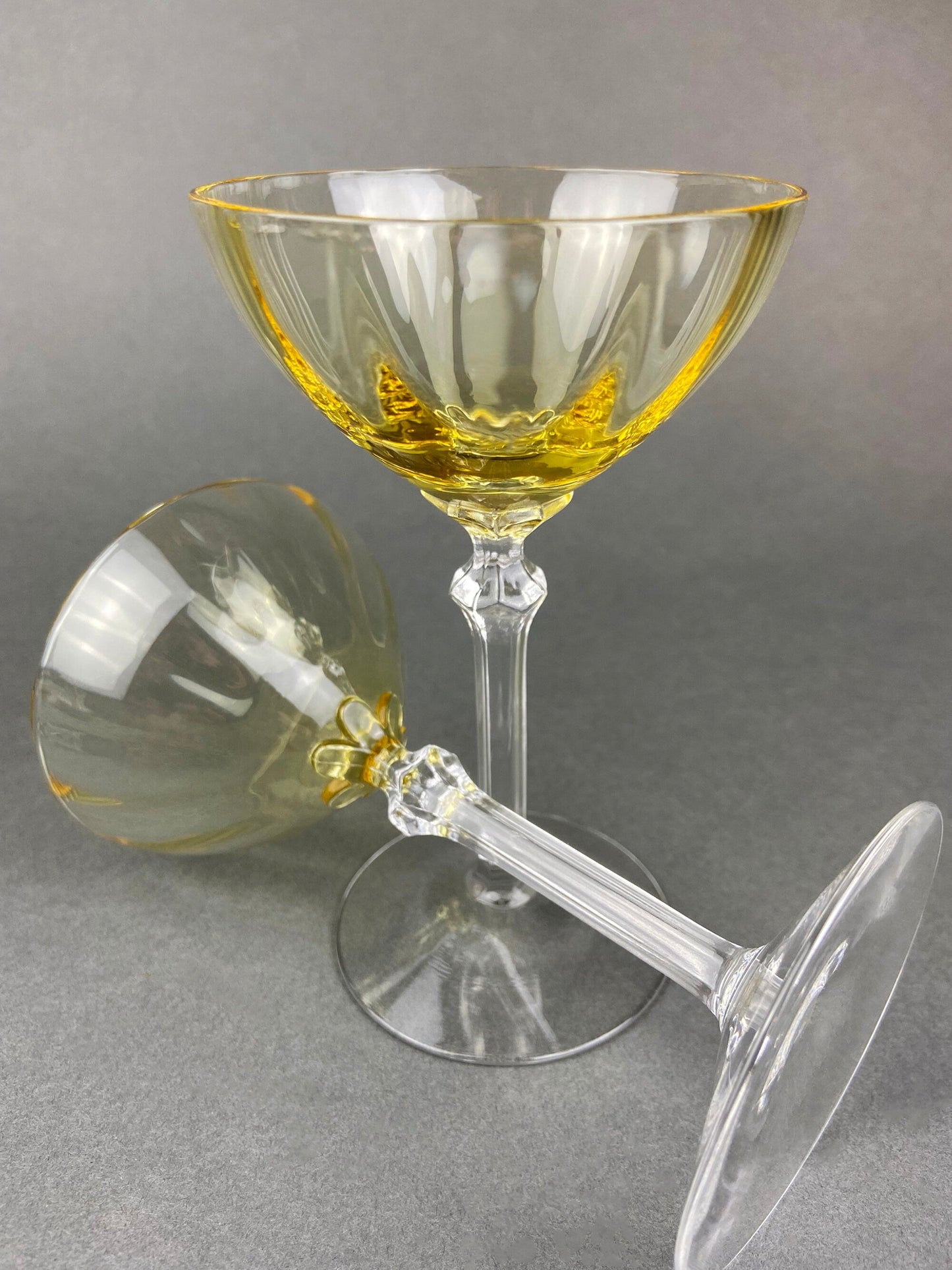 Vintage Fostoria Crystal Topaz Tall Claret.  Light Yellow Stemware. Set of Two Gold Footed Glassware. Fine Dining.