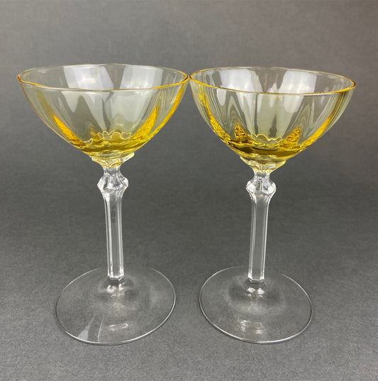 Vintage Fostoria Crystal Topaz Tall Claret.  Light Yellow Stemware. Set of Two Gold Footed Glassware. Fine Dining.