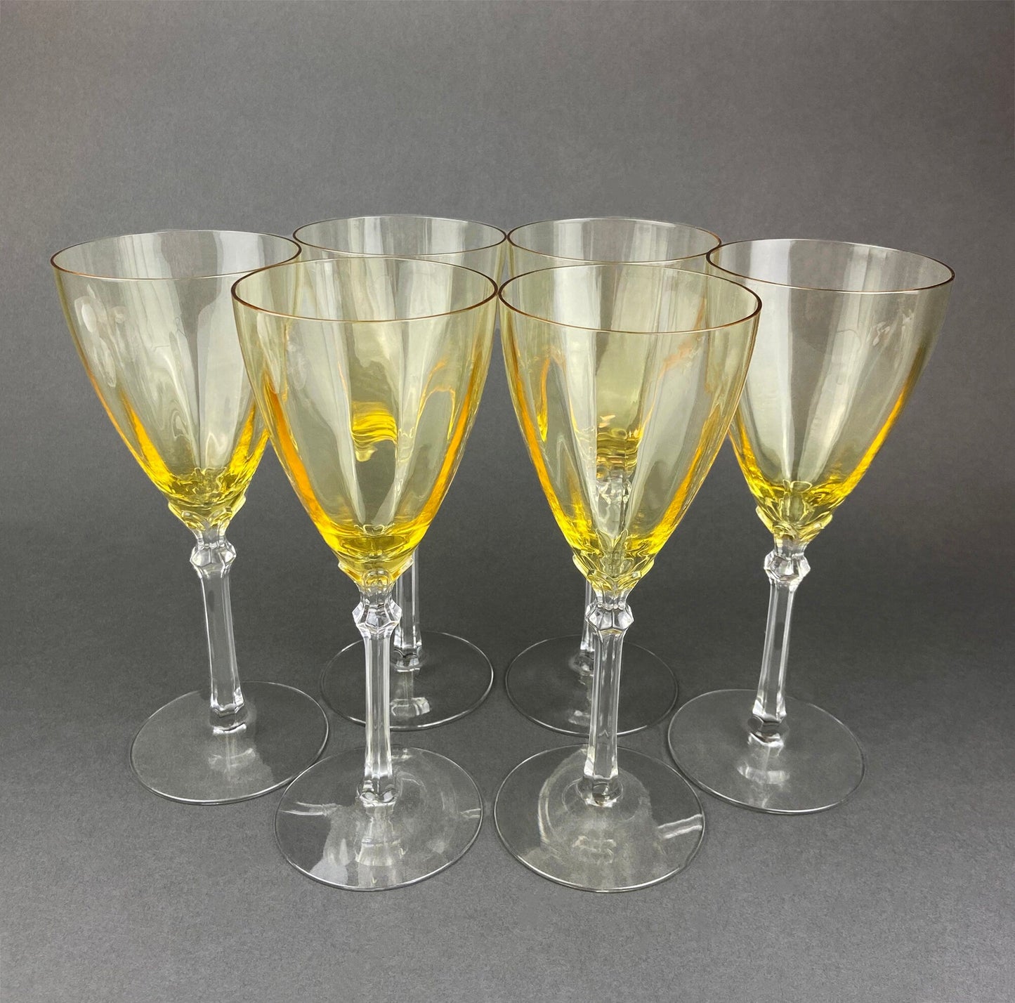 Vintage Fostoria Crystal Topaz Tall Claret.  Light Yellow Stemware. Set of Two Gold Footed Glassware. Fine Dining.