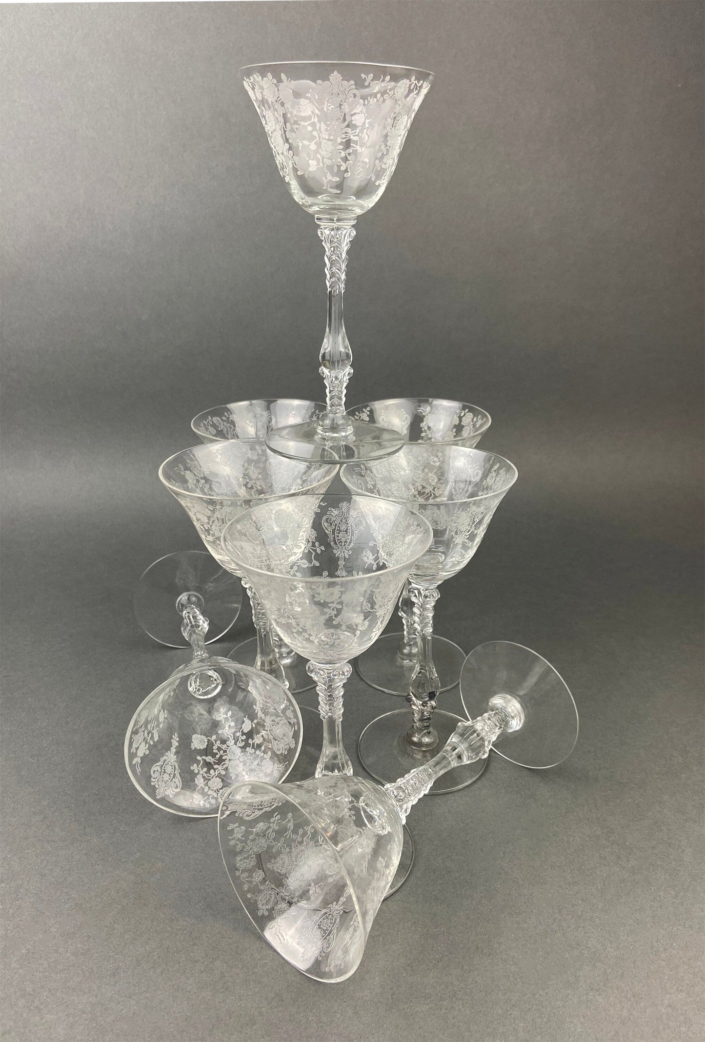 Cambridge Crystal Claret Wine Glasses. Rosepoint Motif. Eight Etched Floral Motif Crystal Glassware. Fine Dining. Holiday, Everyday Stemware