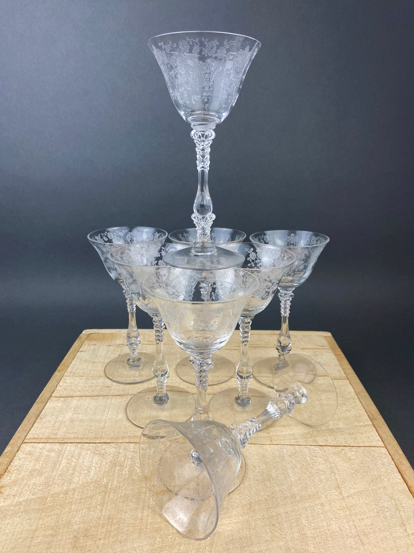 Cambridge Crystal Claret Wine Glasses. Rosepoint Motif. Eight Etched Floral Motif Crystal Glassware. Fine Dining. Holiday, Everyday Stemware