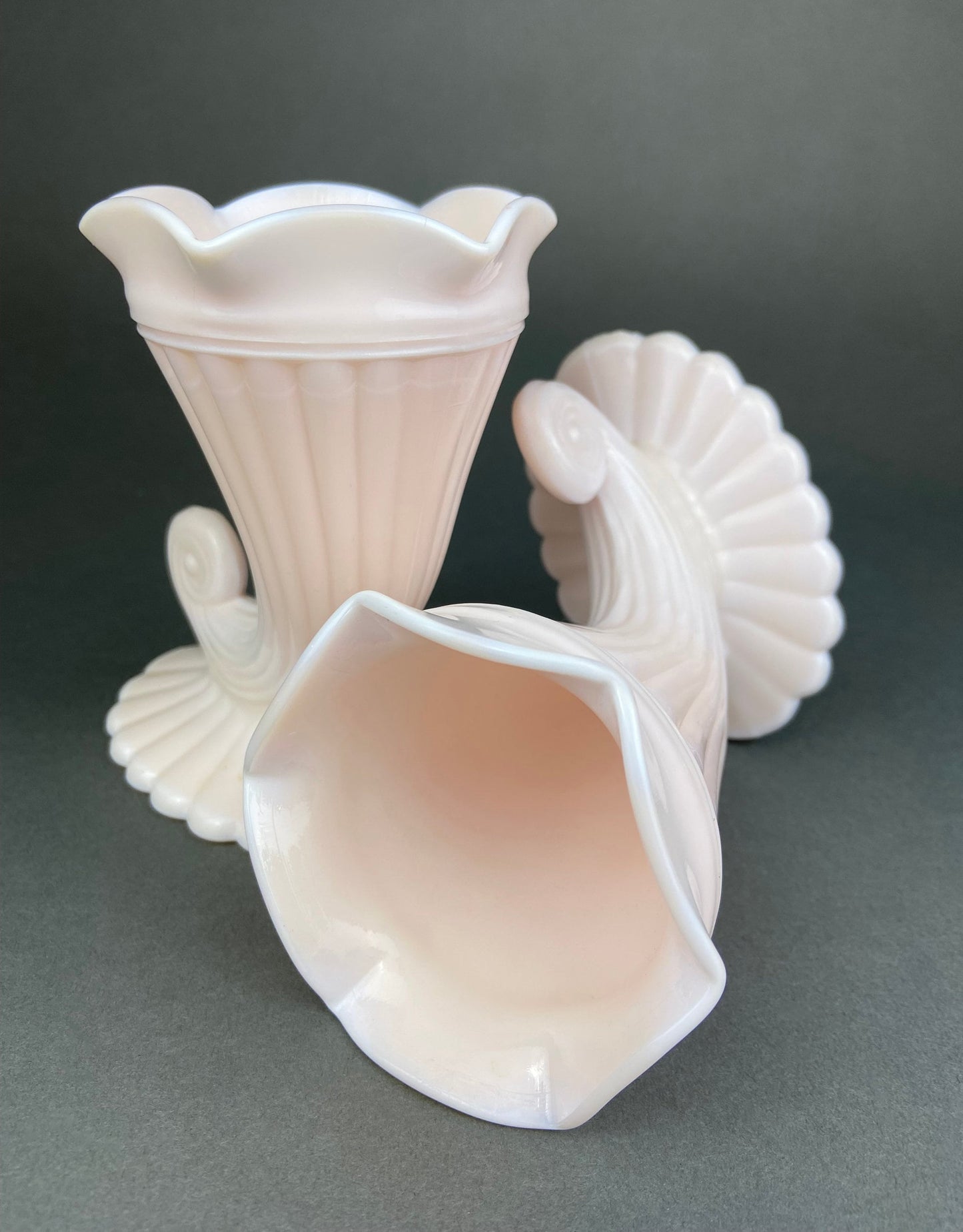 Pink Milk Glass Horn Vases. Pair of Cornucopia Shaped Vases in Rare Shell Pink. Table Centerpieces. Collectible Floral Vases.