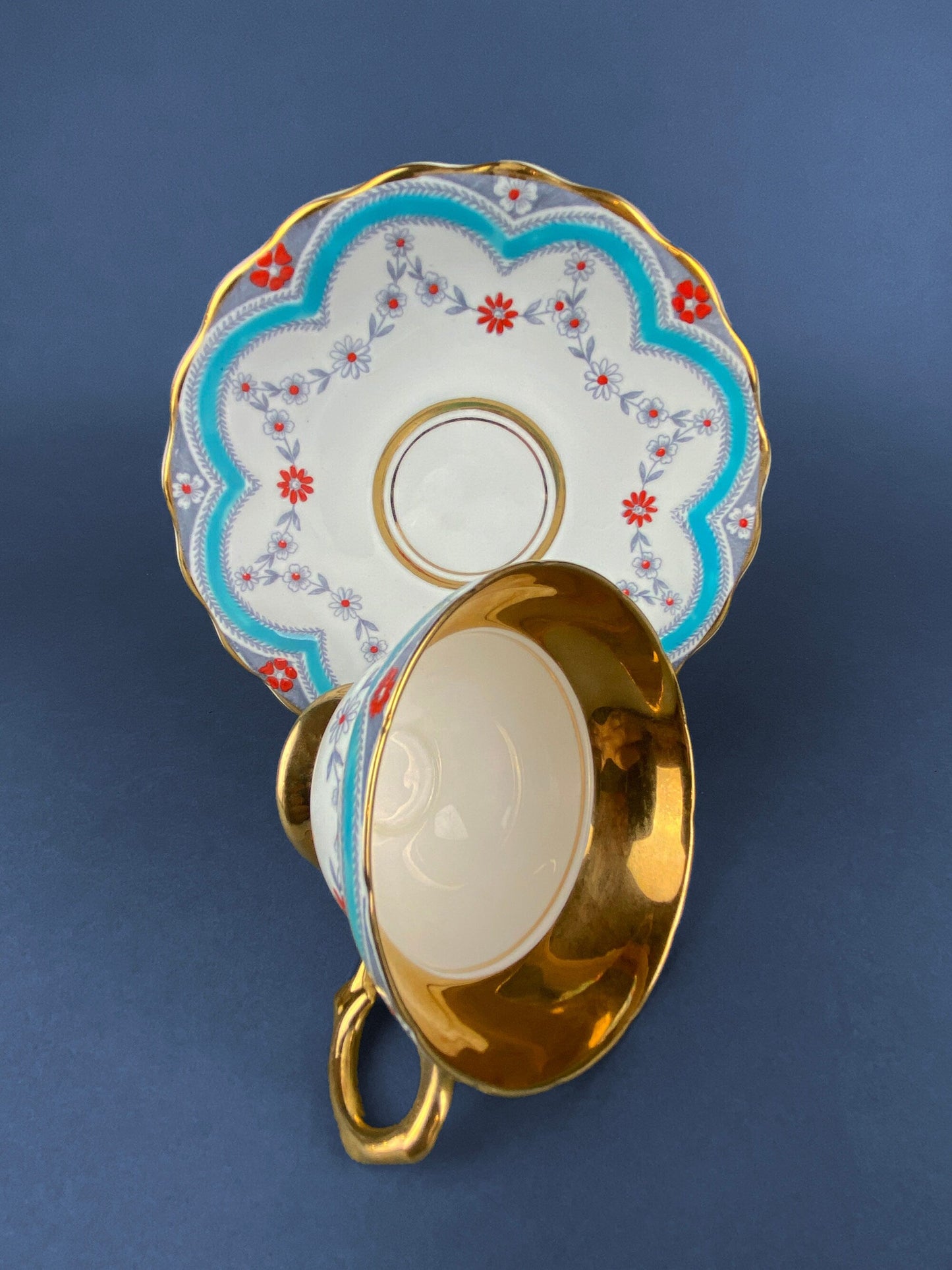 Vintage Tea Cup with Saucer.  Royal Dover Fine Bone China. Floral Wreath Motif. Made in England.