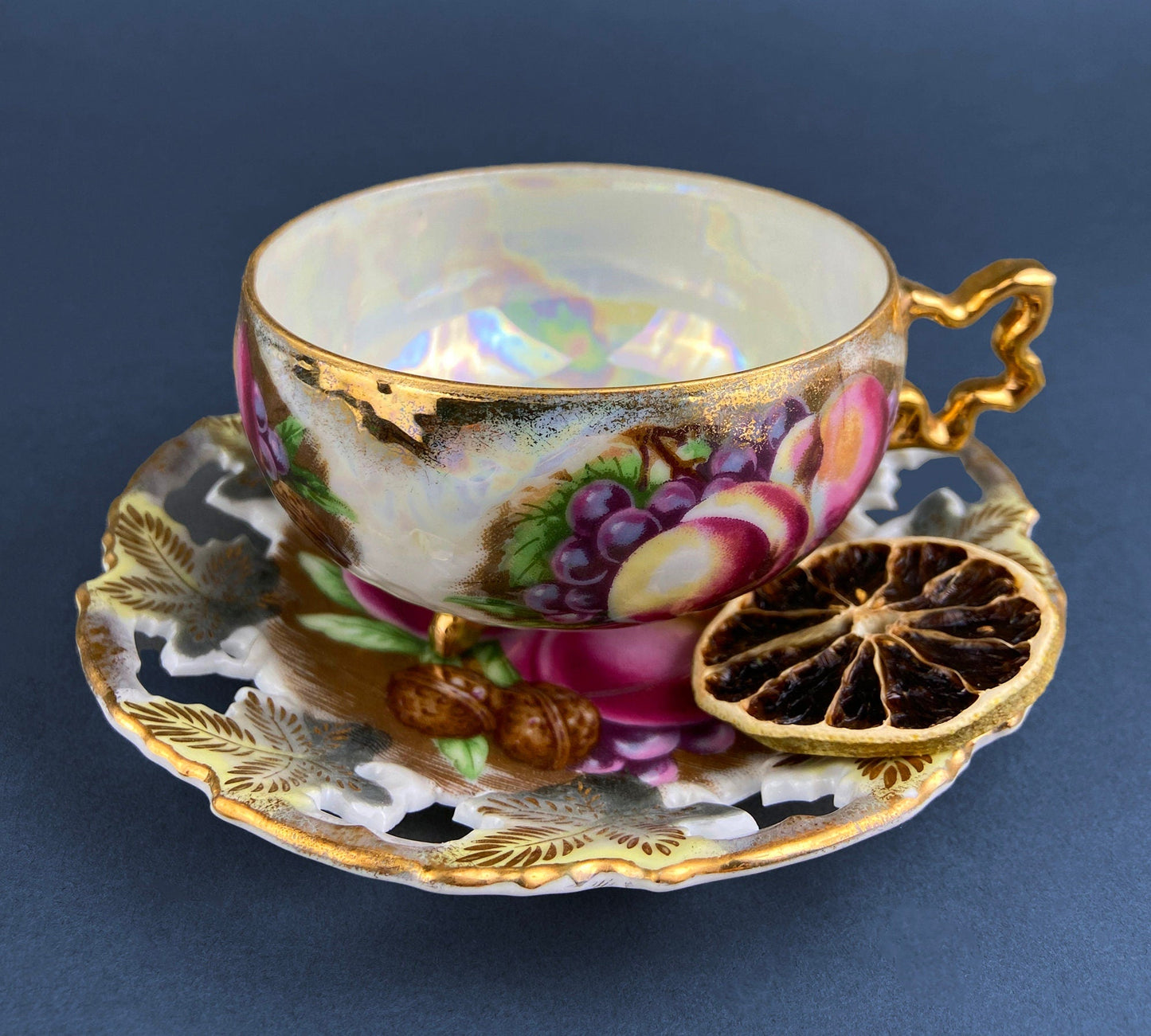 Vintage Metasco Tea Cup and Saucer. Made in Japan. Cherry Blossom Motif. Iridescent Background. Collectible Tea Set.