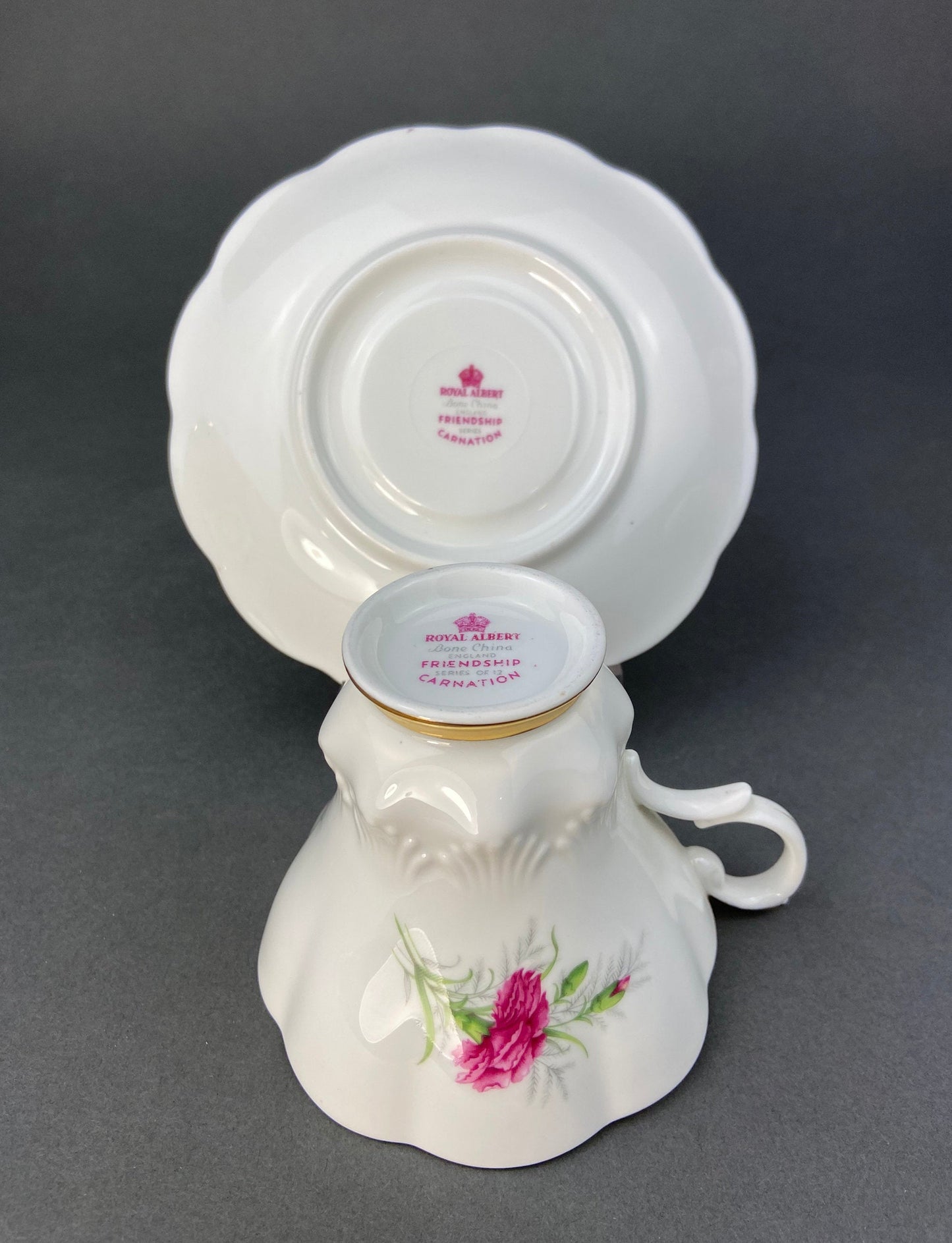 Vintage Royal Albert Tea Cup and Saucer. Friendship Series of 12. Carnation Motif. Fine Bone China Made in England.