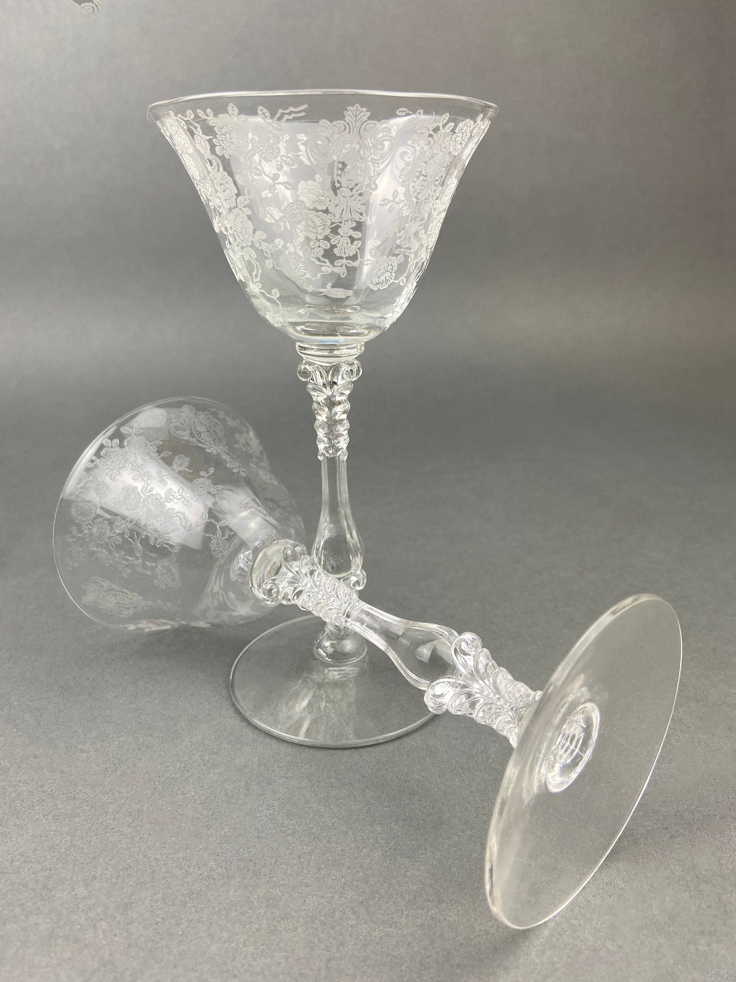 Cambridge Crystal Claret Wine Glasses. Rosepoint Motif. Eight Etched Floral Motif Crystal Glassware. Fine Dining. Holiday, Everyday Stemware