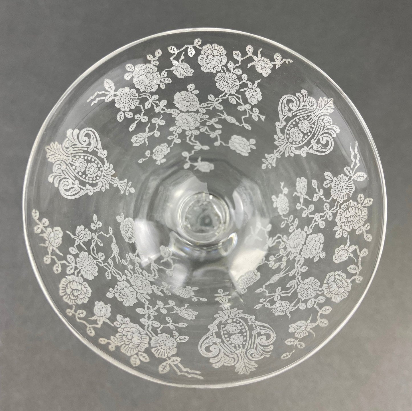 Cambridge Crystal Claret Wine Glasses. Rosepoint Motif. Eight Etched Floral Motif Crystal Glassware. Fine Dining. Holiday, Everyday Stemware
