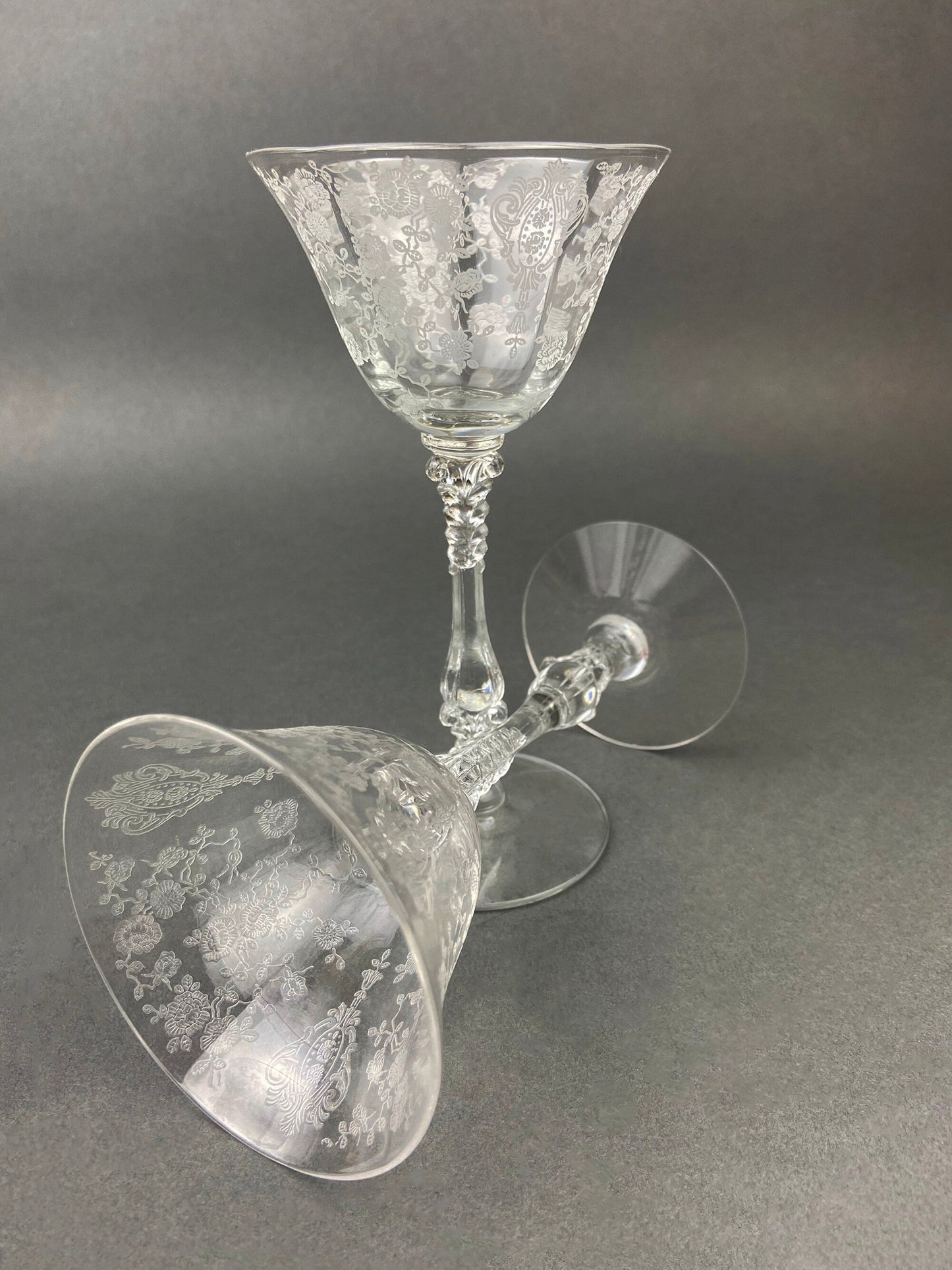 Cambridge Crystal Claret Wine Glasses. Rosepoint Motif. Eight Etched Floral Motif Crystal Glassware. Fine Dining. Holiday, Everyday Stemware