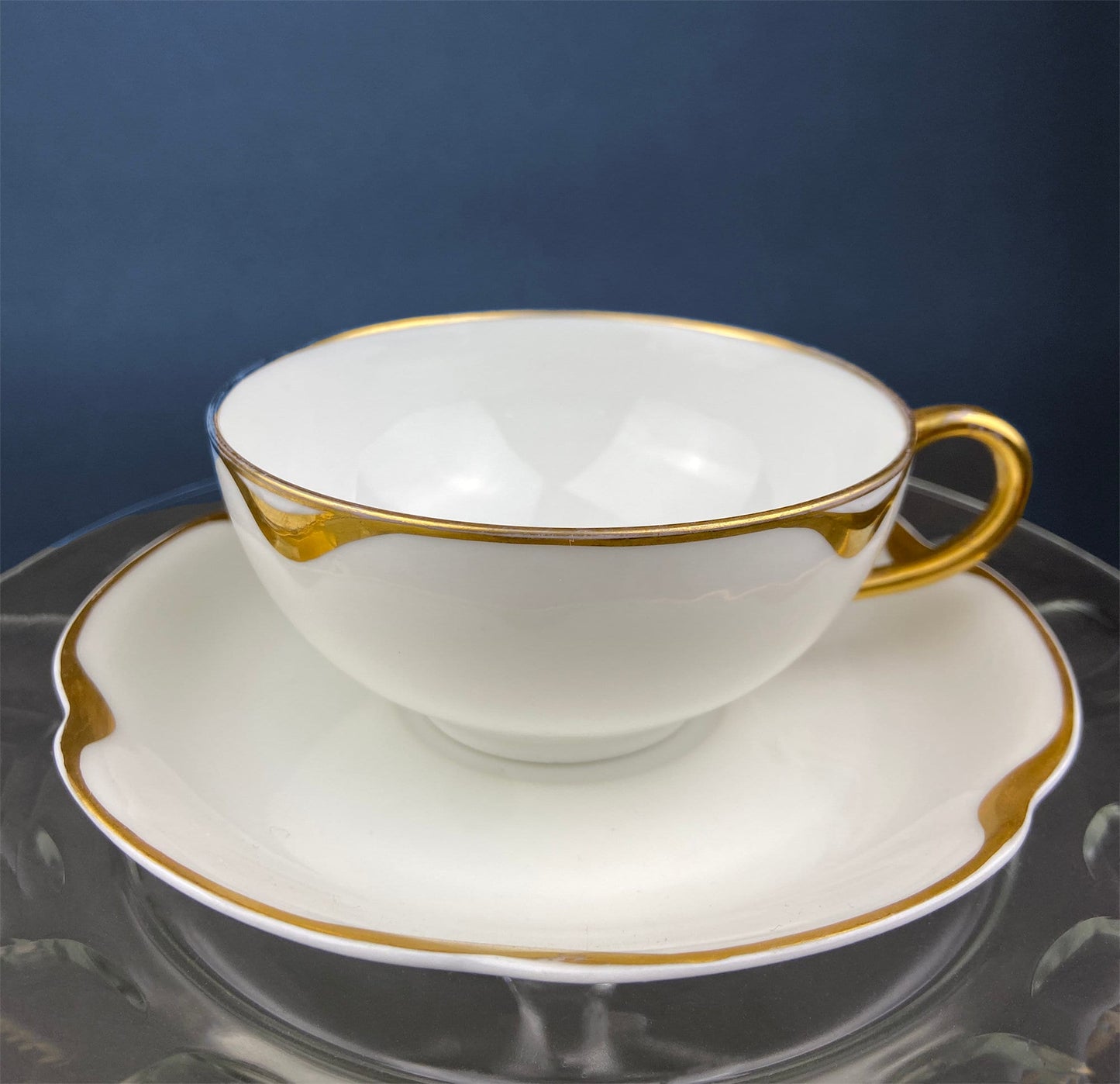 Limoges Haviland Teacup & Saucer with Gold Scalloped Rim , Silver Anniversary Pattern.   The price is for One Cup and Saucer. Gift Idea.