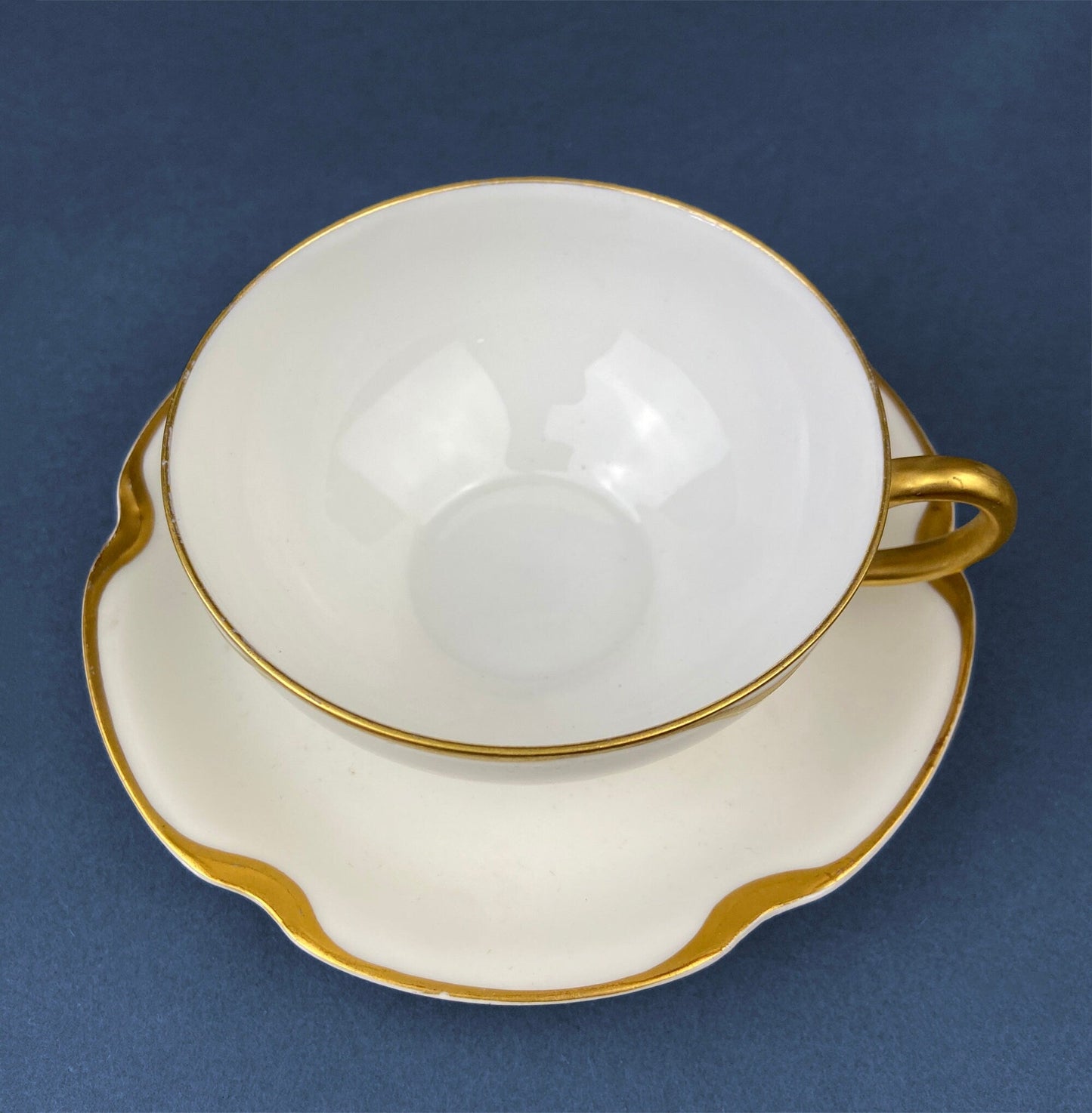 Limoges Haviland Teacup & Saucer with Gold Scalloped Rim , Silver Anniversary Pattern.   The price is for One Cup and Saucer. Gift Idea.