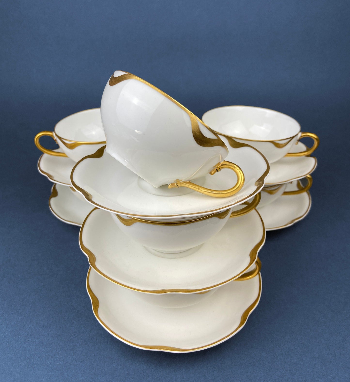 Limoges Haviland Teacup & Saucer with Gold Scalloped Rim , Silver Anniversary Pattern.   The price is for One Cup and Saucer. Gift Idea.