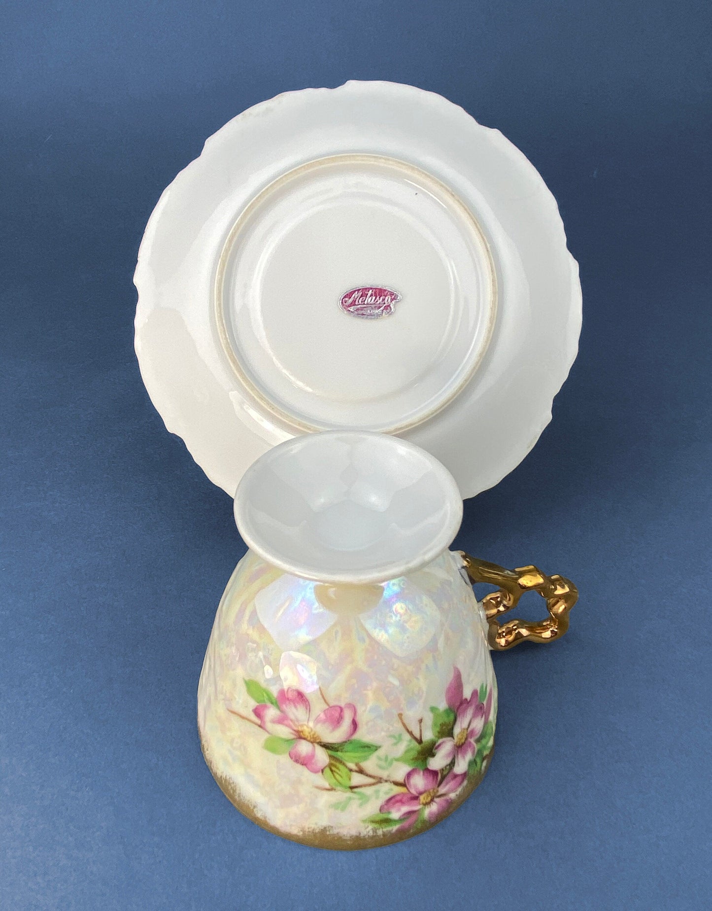 Vintage Metasco Tea Cup and Saucer. Made in Japan. Cherry Blossom Motif. Iridescent Background. Collectible Tea Set.
