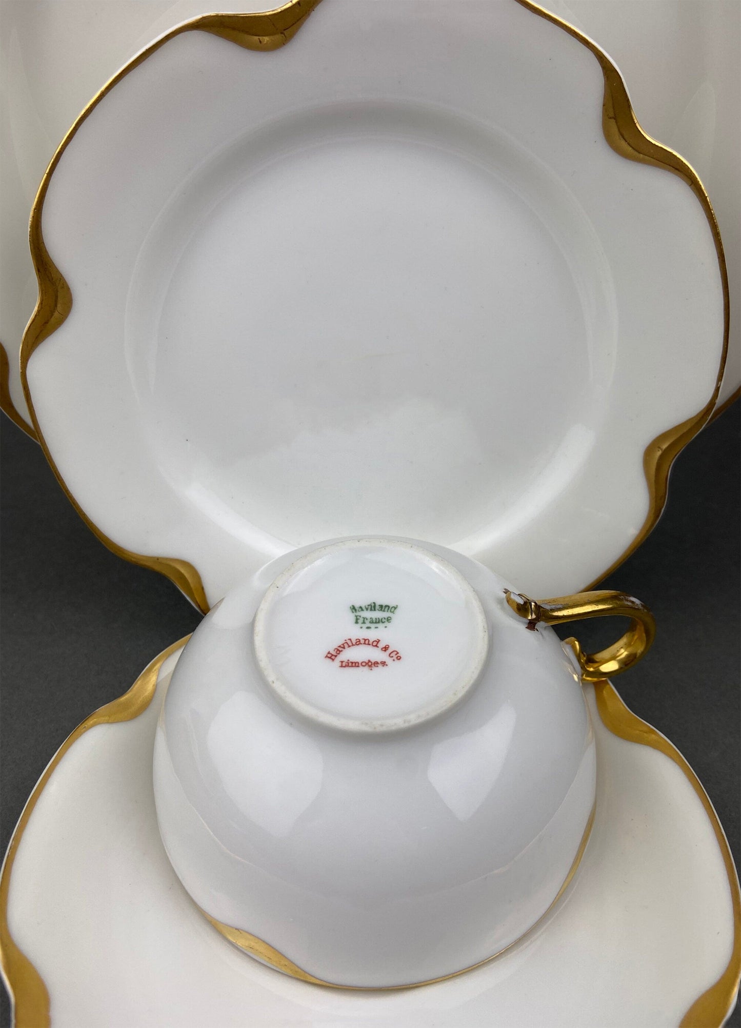 Limoges Haviland Teacup & Saucer with Gold Scalloped Rim , Silver Anniversary Pattern.   The price is for One Cup and Saucer. Gift Idea.