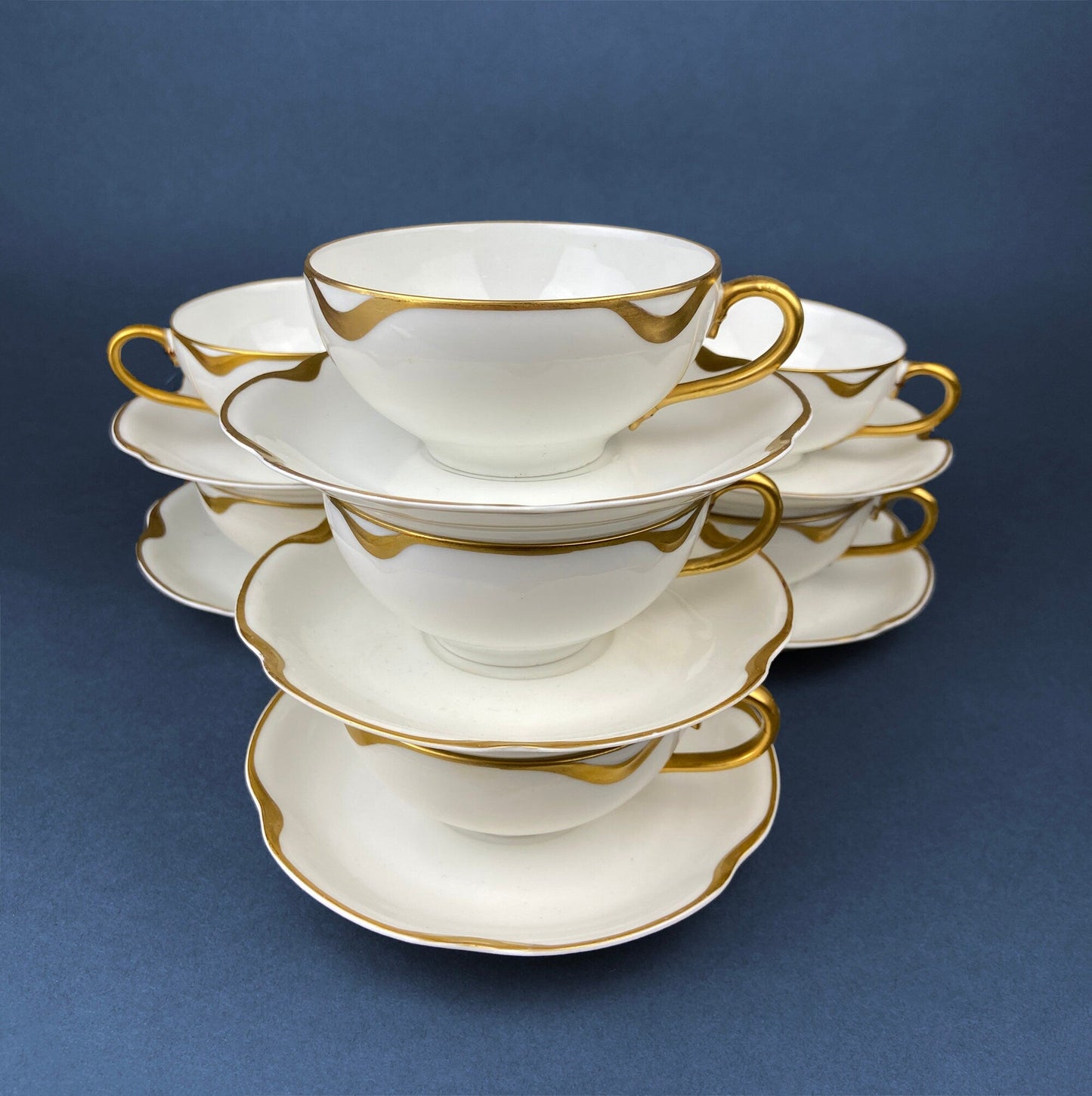 Limoges Haviland Teacup & Saucer with Gold Scalloped Rim , Silver Anniversary Pattern.   The price is for One Cup and Saucer. Gift Idea.