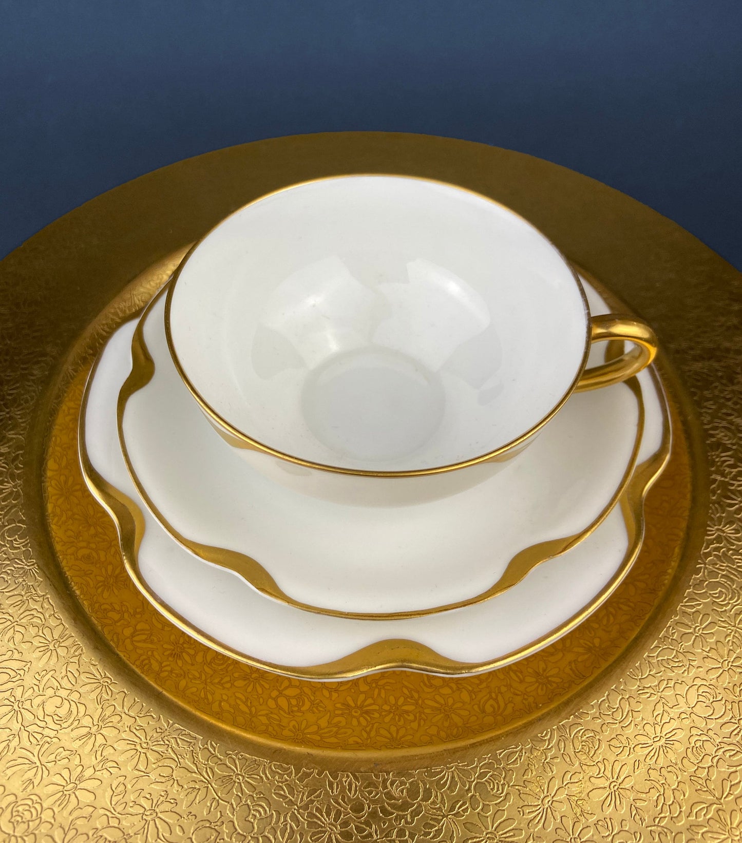Antique Limoges Porcelain Tea Set/Trio. Tea Cup, Saucer and Salad Plate. White China with Scalloped Gold Rim, Theodore Haviland, France.