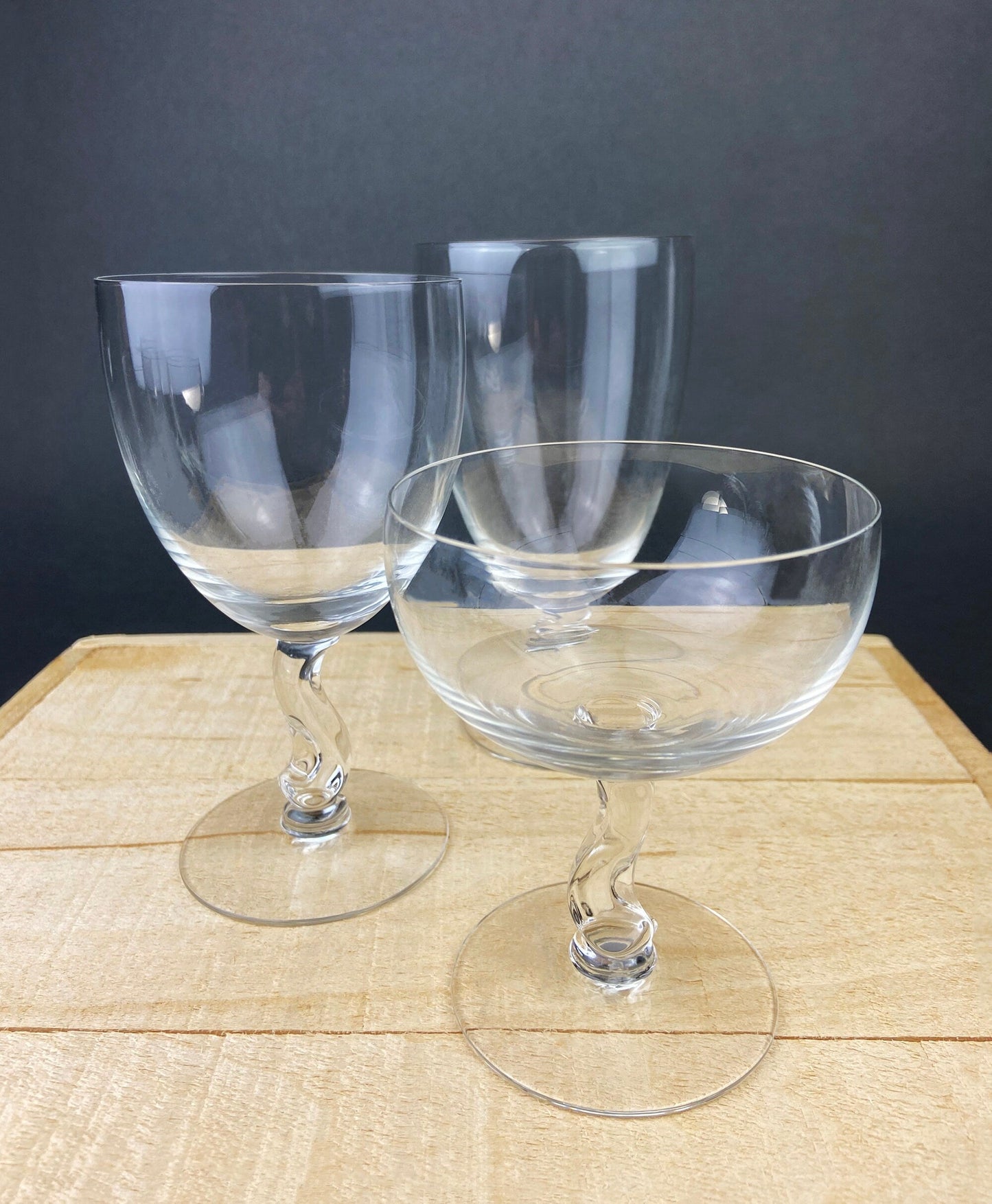 Fostoria Contour Clear Crystal Goblets with S-Shaped Stem. Set of Seven Water or Juice Stemware.  Luxurious Barware. Gift for Him.